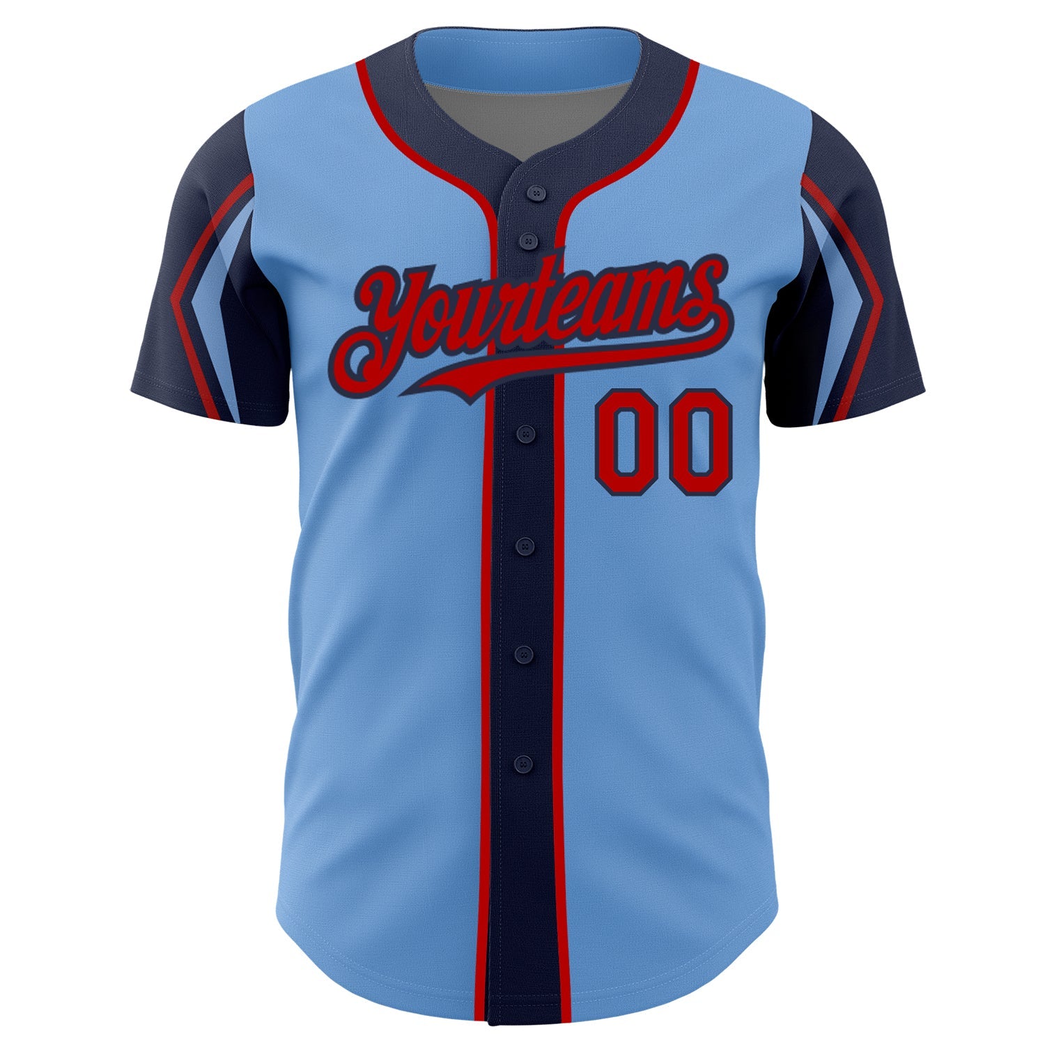 Custom Light Blue Red-Navy 3 Colors Arm Shapes Authentic Baseball Jersey view 3