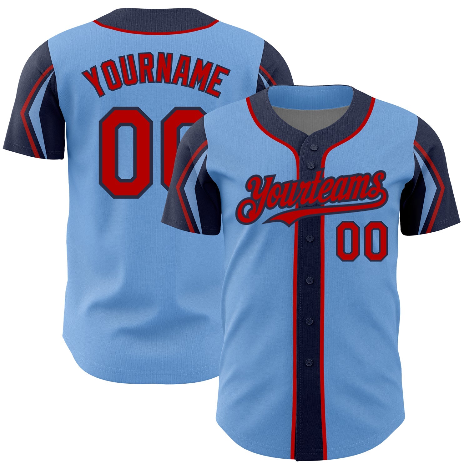 Custom Light Blue Red-Navy 3 Colors Arm Shapes Authentic Baseball Jersey - Main View
