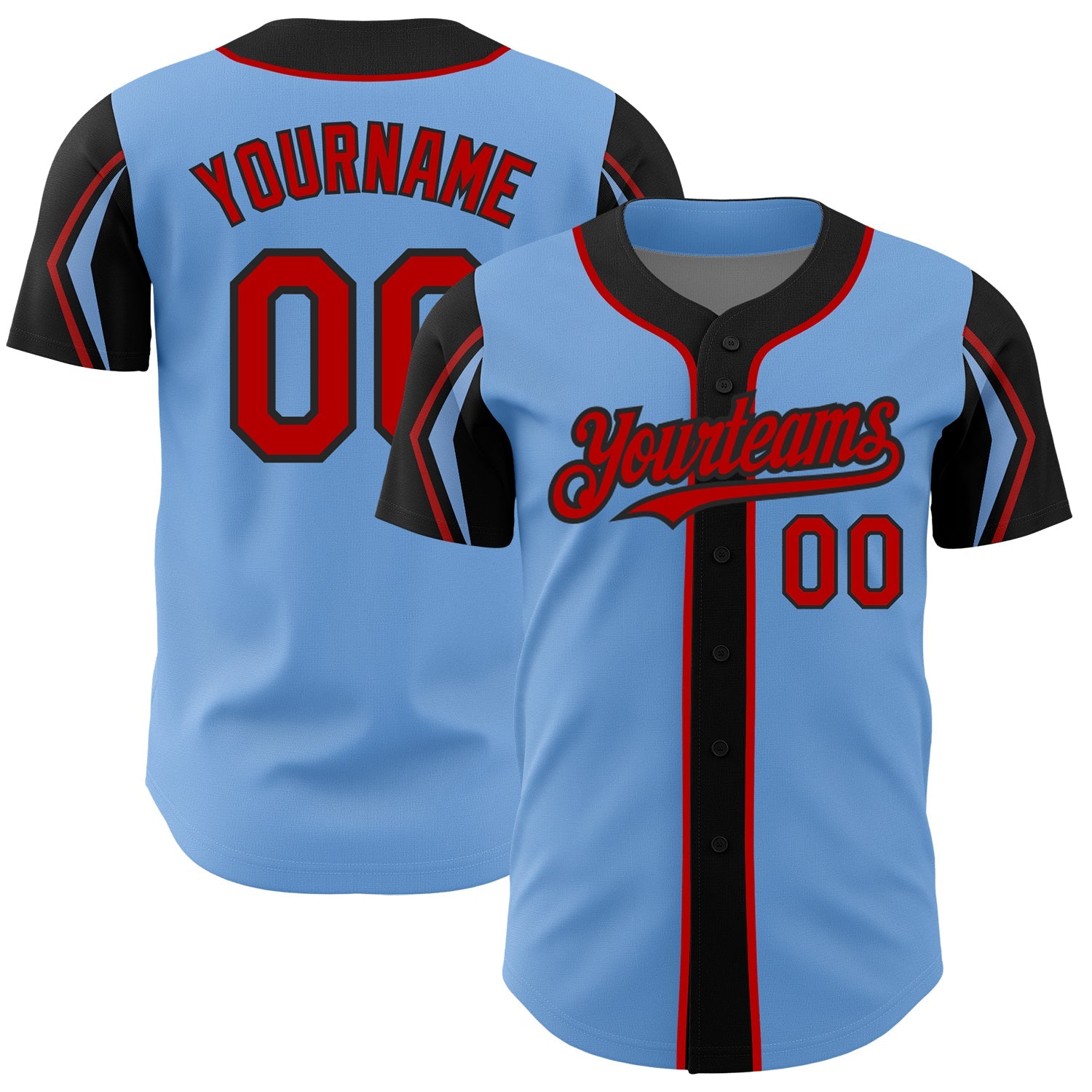 Custom Light Blue Red-Black 3 Colors Arm Shapes Authentic Baseball Jersey - Main View