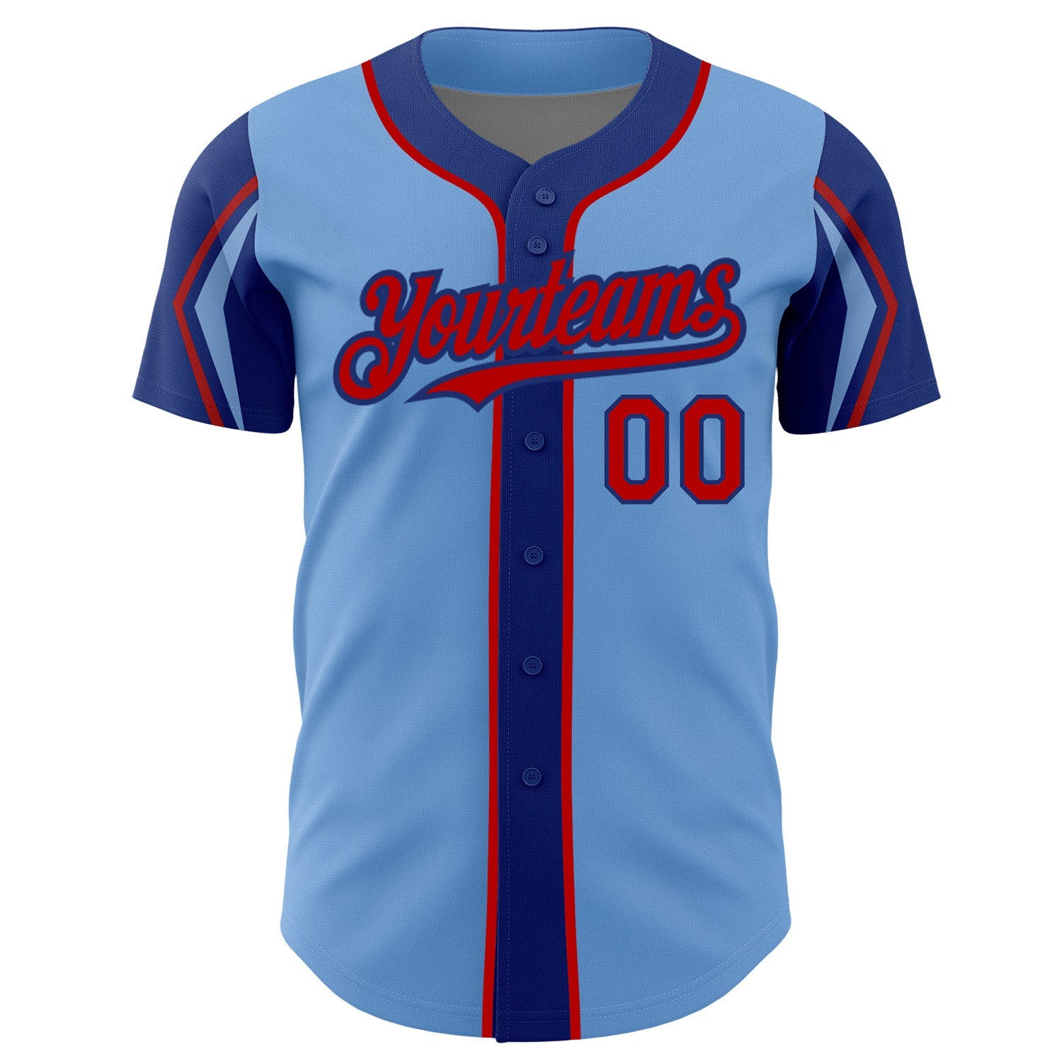 Custom Light Blue Red-Royal 3 Colors Arm Shapes Authentic Baseball Jersey view 3