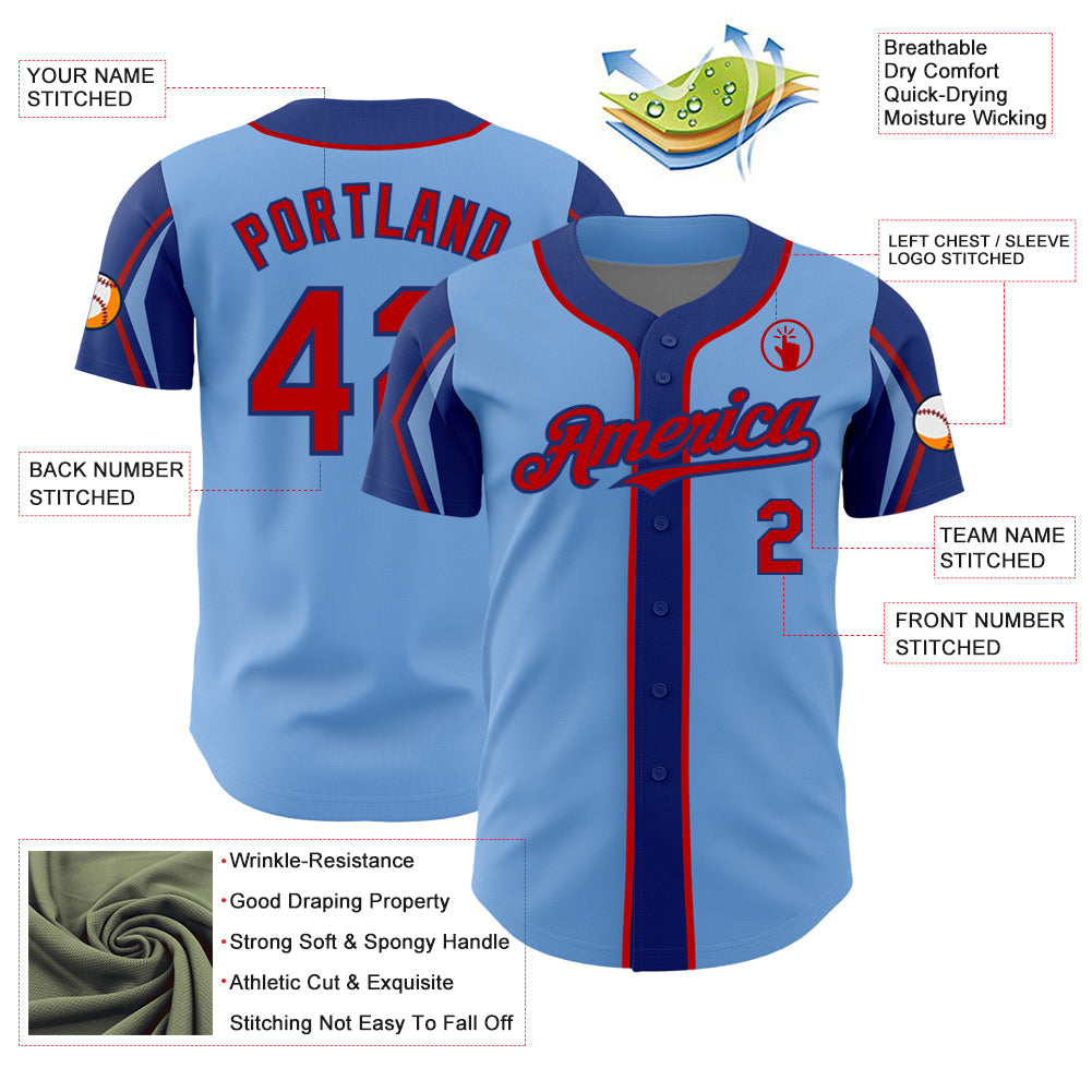 Custom Light Blue Red-Royal 3 Colors Arm Shapes Authentic Baseball Jersey view 4