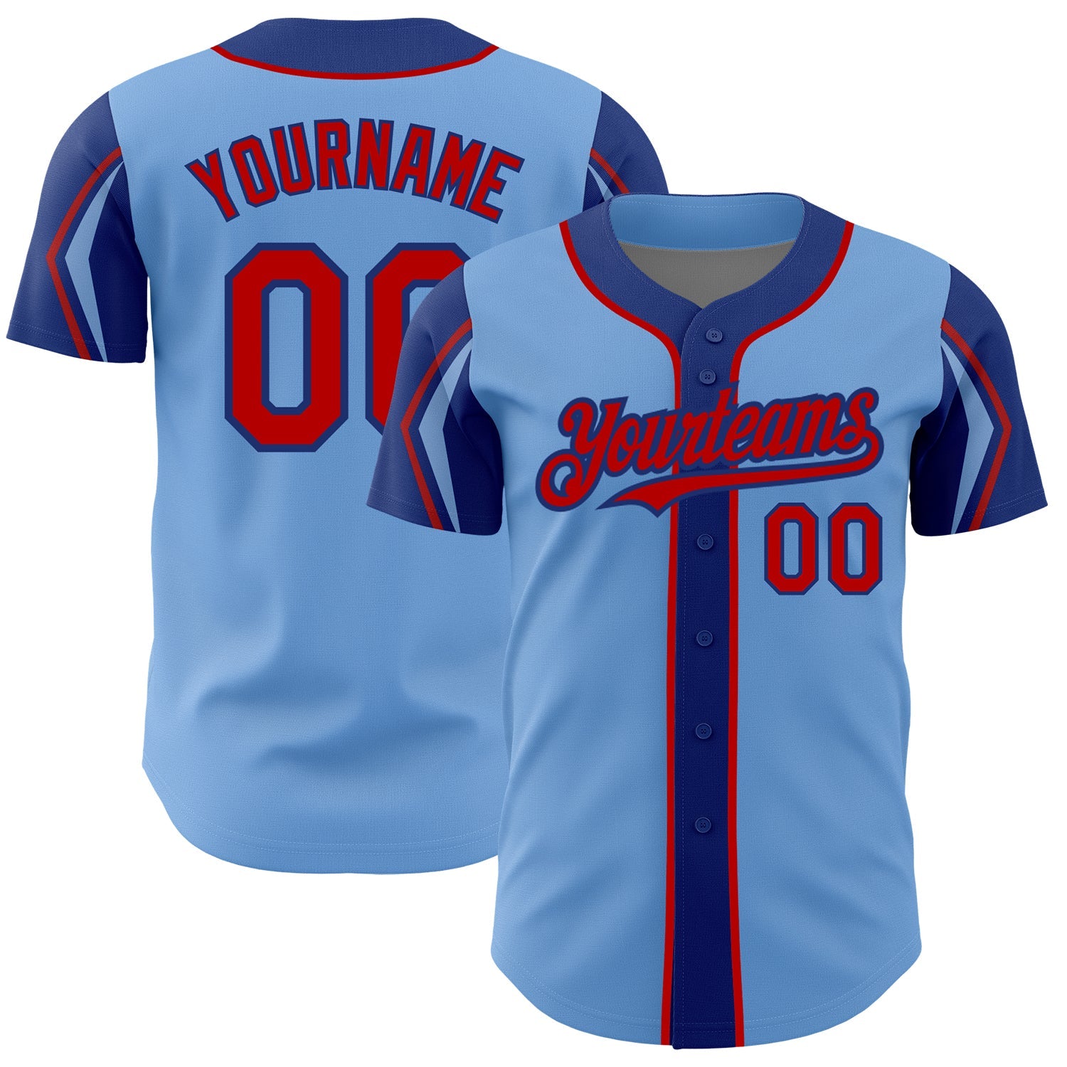 Custom Light Blue Red-Royal 3 Colors Arm Shapes Authentic Baseball Jersey - Main View