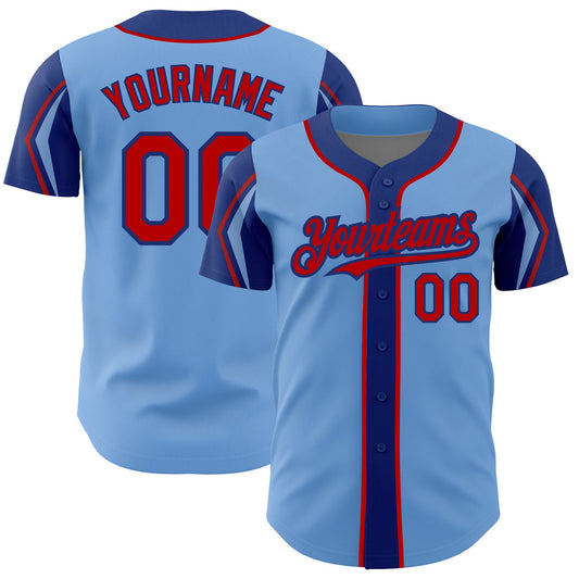 Custom Light Blue Red-Royal 3 Colors Arm Shapes Authentic Baseball Jersey - Main View