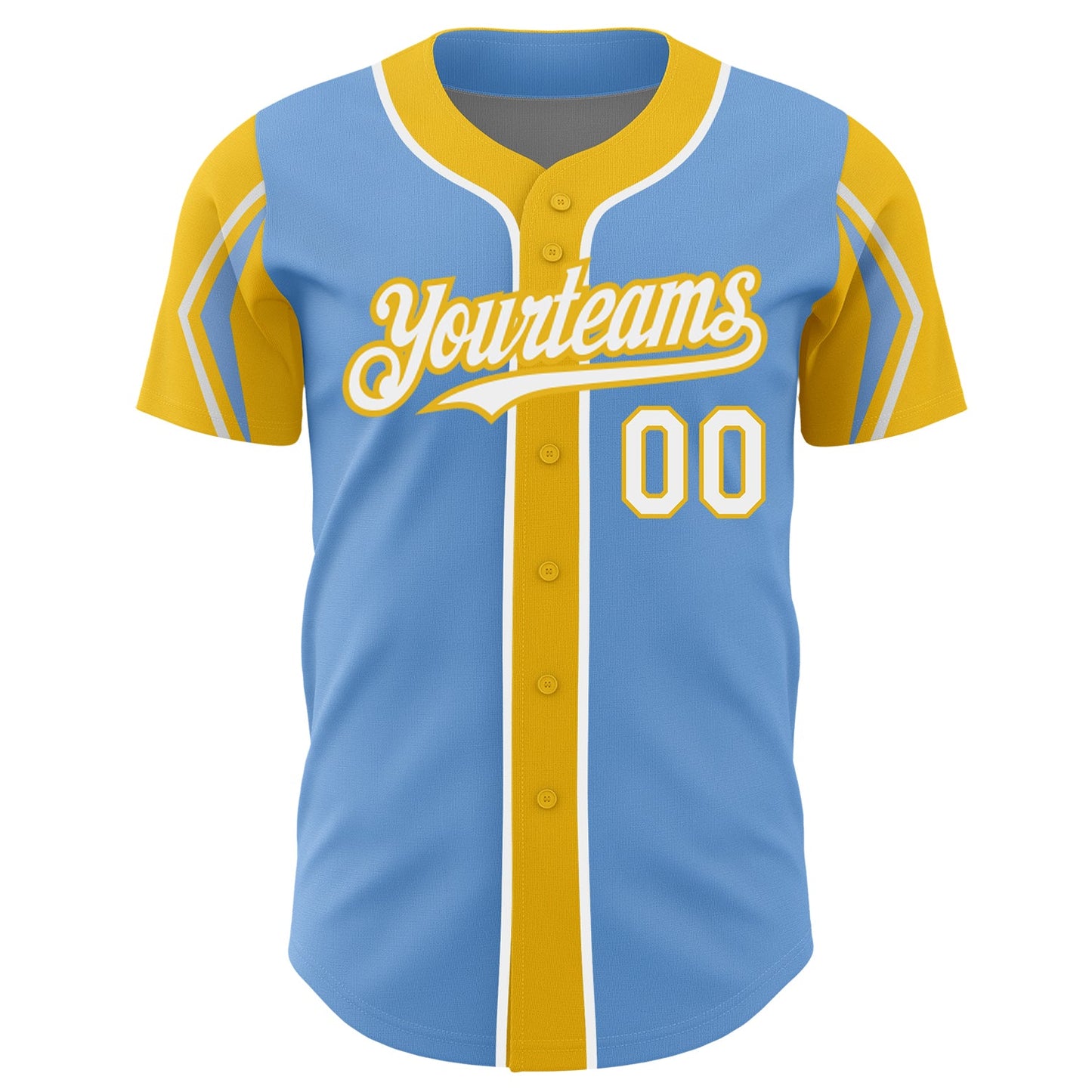 Custom Light Blue White-Yellow 3 Colors Arm Shapes Authentic Baseball Jersey view 3