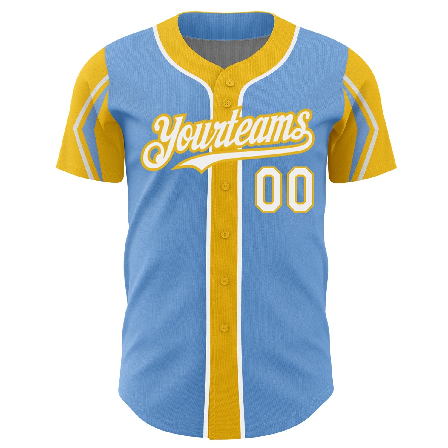 Custom Light Blue White-Yellow 3 Colors Arm Shapes Authentic Baseball Jersey view 3