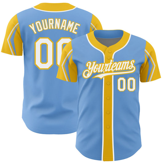 Custom Light Blue White-Yellow 3 Colors Arm Shapes Authentic Baseball Jersey - Main View