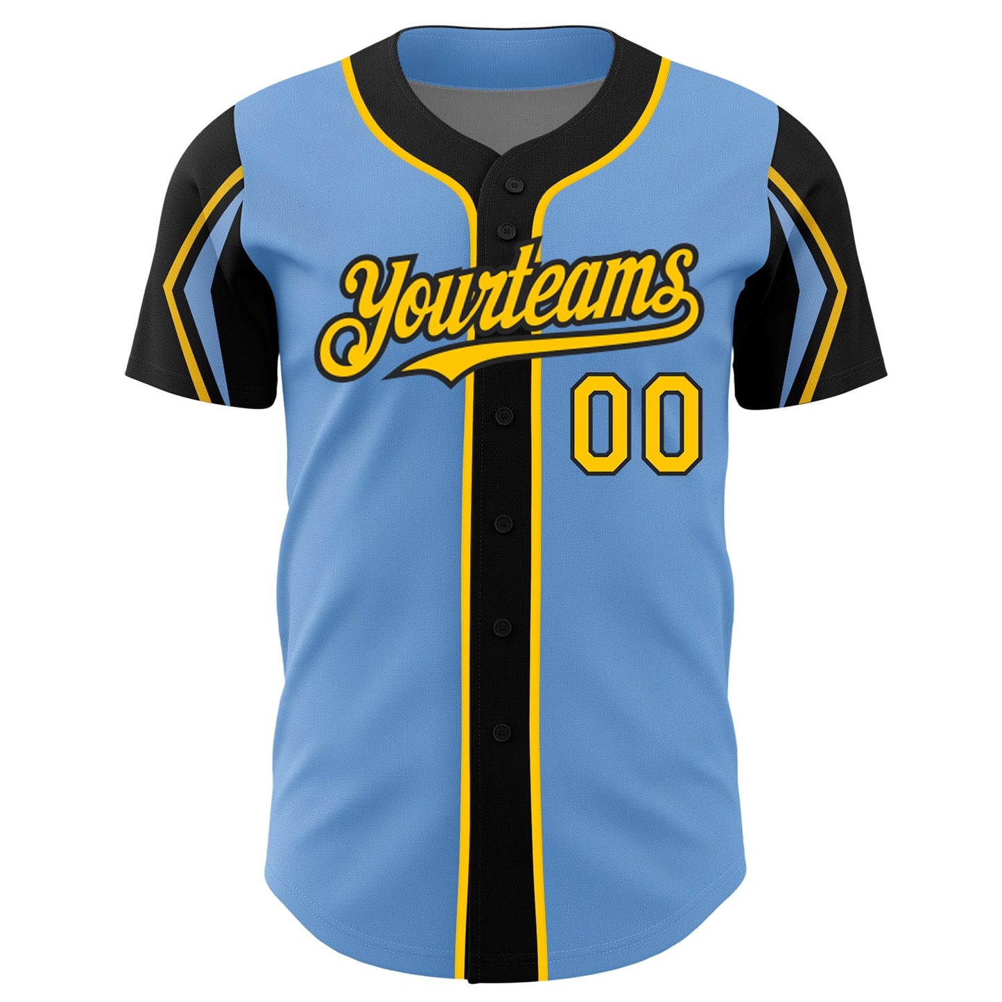 Custom Light Blue Yellow-Black 3 Colors Arm Shapes Authentic Baseball Jersey view 3