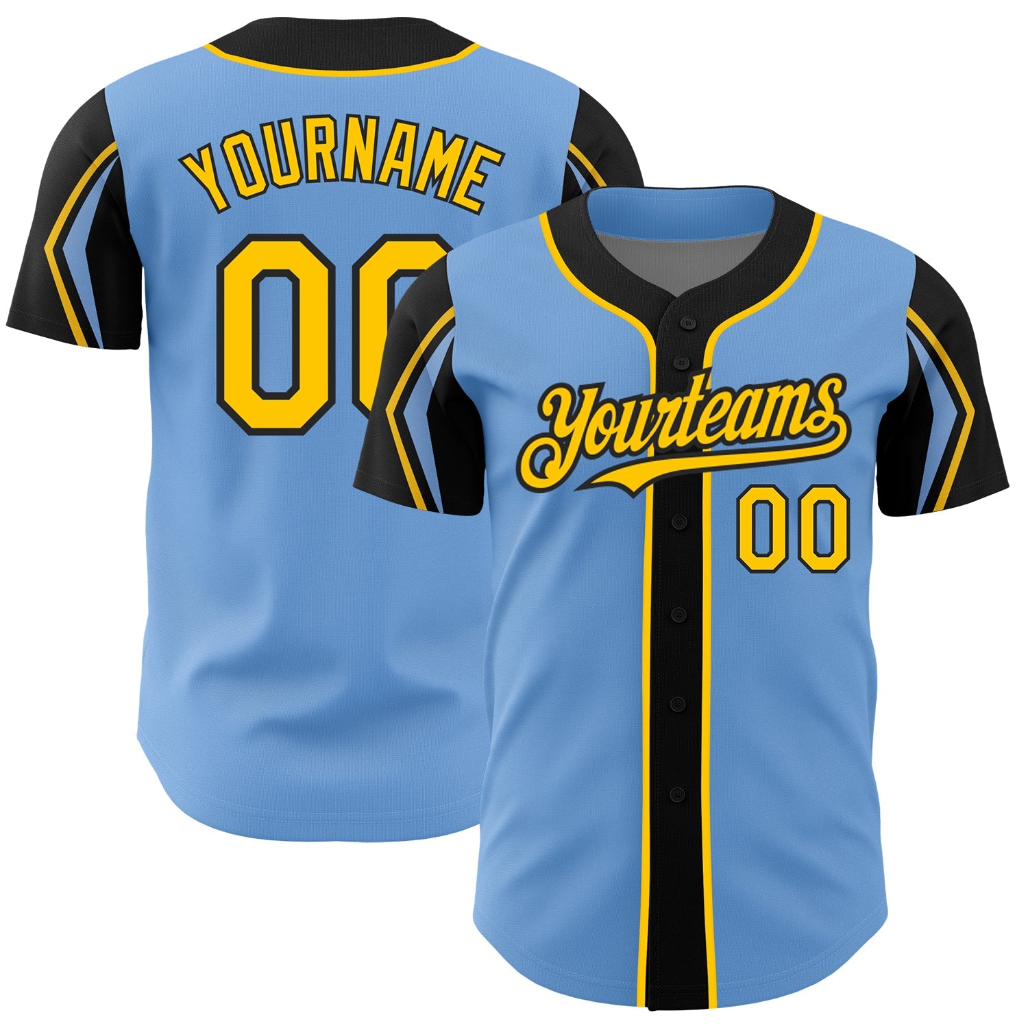 Custom Light Blue Yellow-Black 3 Colors Arm Shapes Authentic Baseball Jersey - Main View
