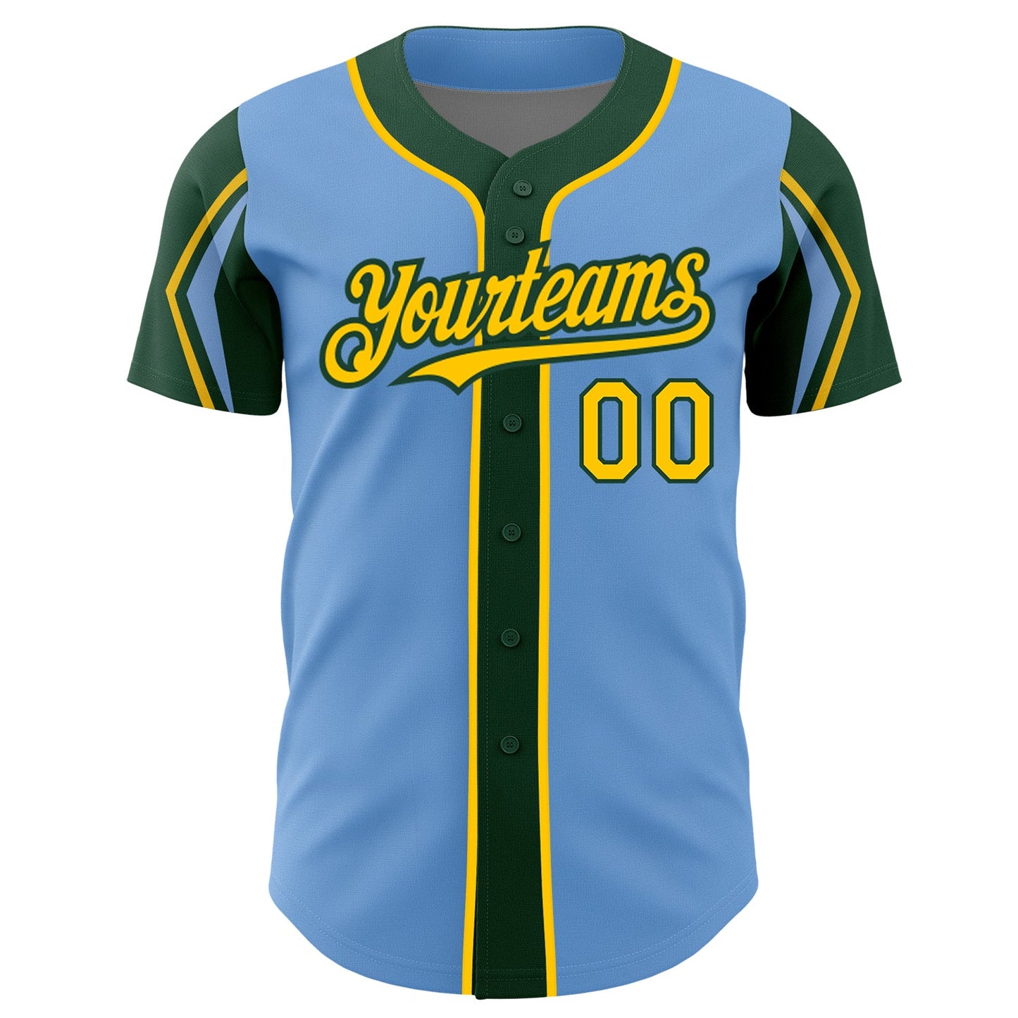 Custom Light Blue Yellow-Green 3 Colors Arm Shapes Authentic Baseball Jersey view 3