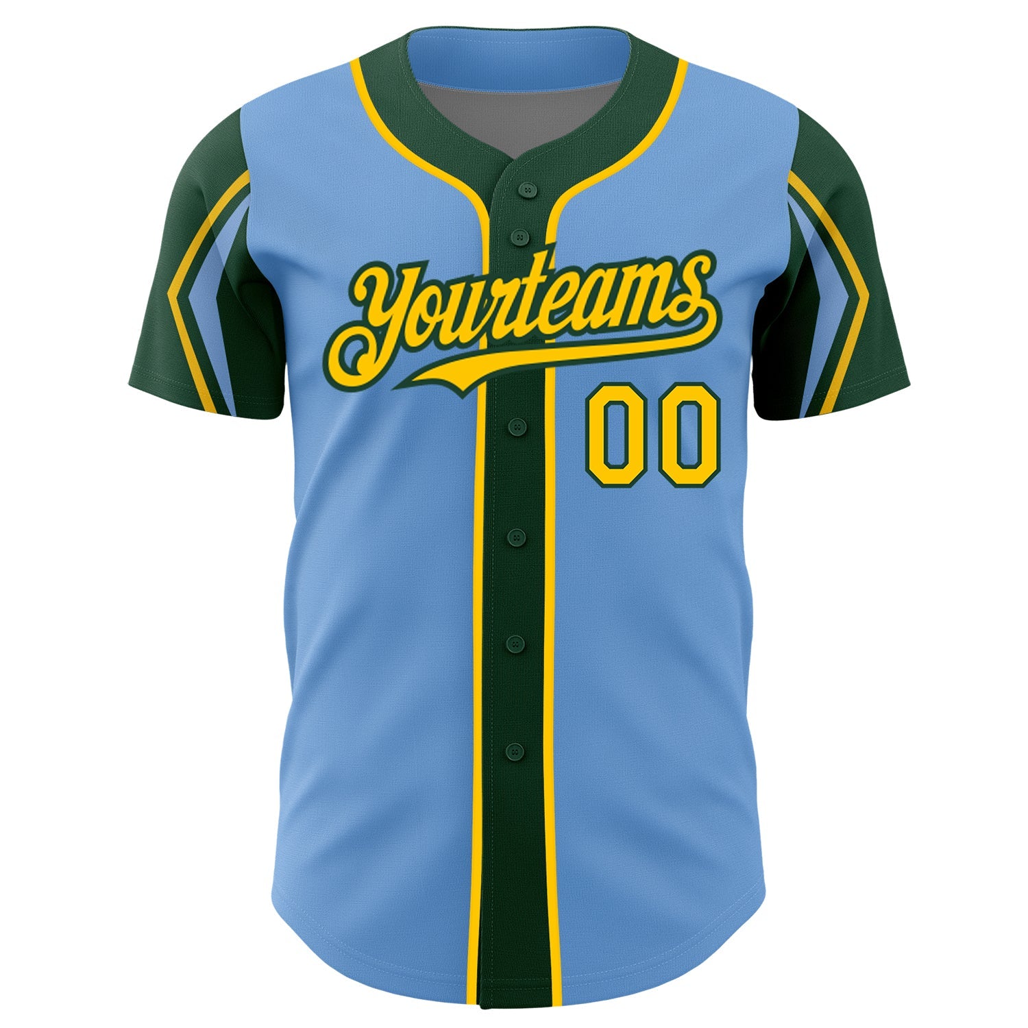 Custom Light Blue Yellow-Green 3 Colors Arm Shapes Authentic Baseball Jersey view 3