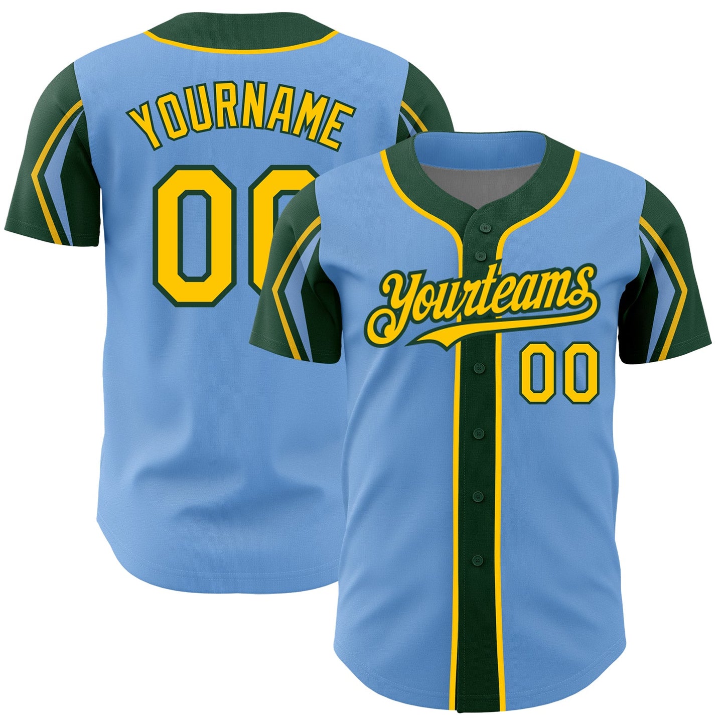 Custom Light Blue Yellow-Green 3 Colors Arm Shapes Authentic Baseball Jersey - Main View