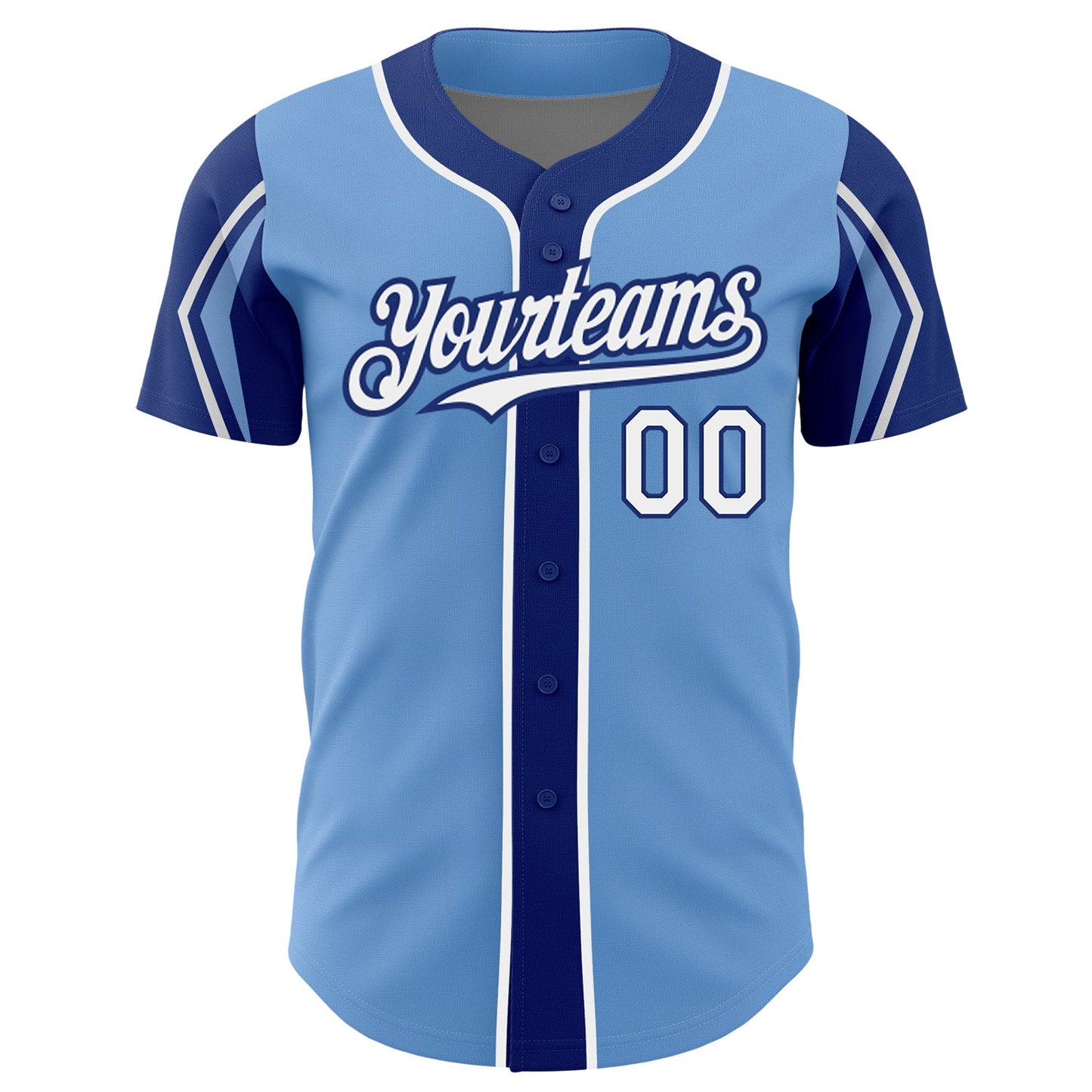 Custom Light Blue White-Royal 3 Colors Arm Shapes Authentic Baseball Jersey view 3