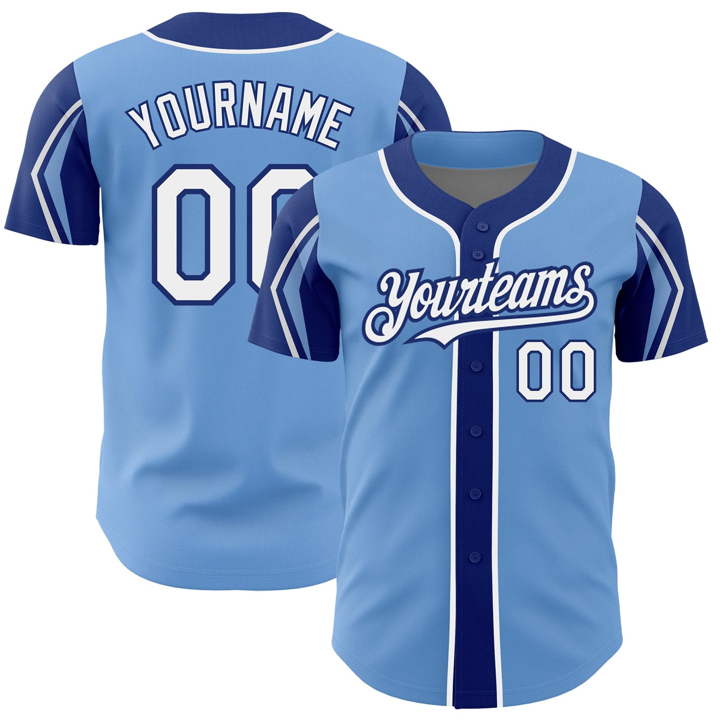 Custom Light Blue White-Royal 3 Colors Arm Shapes Authentic Baseball Jersey - Main View