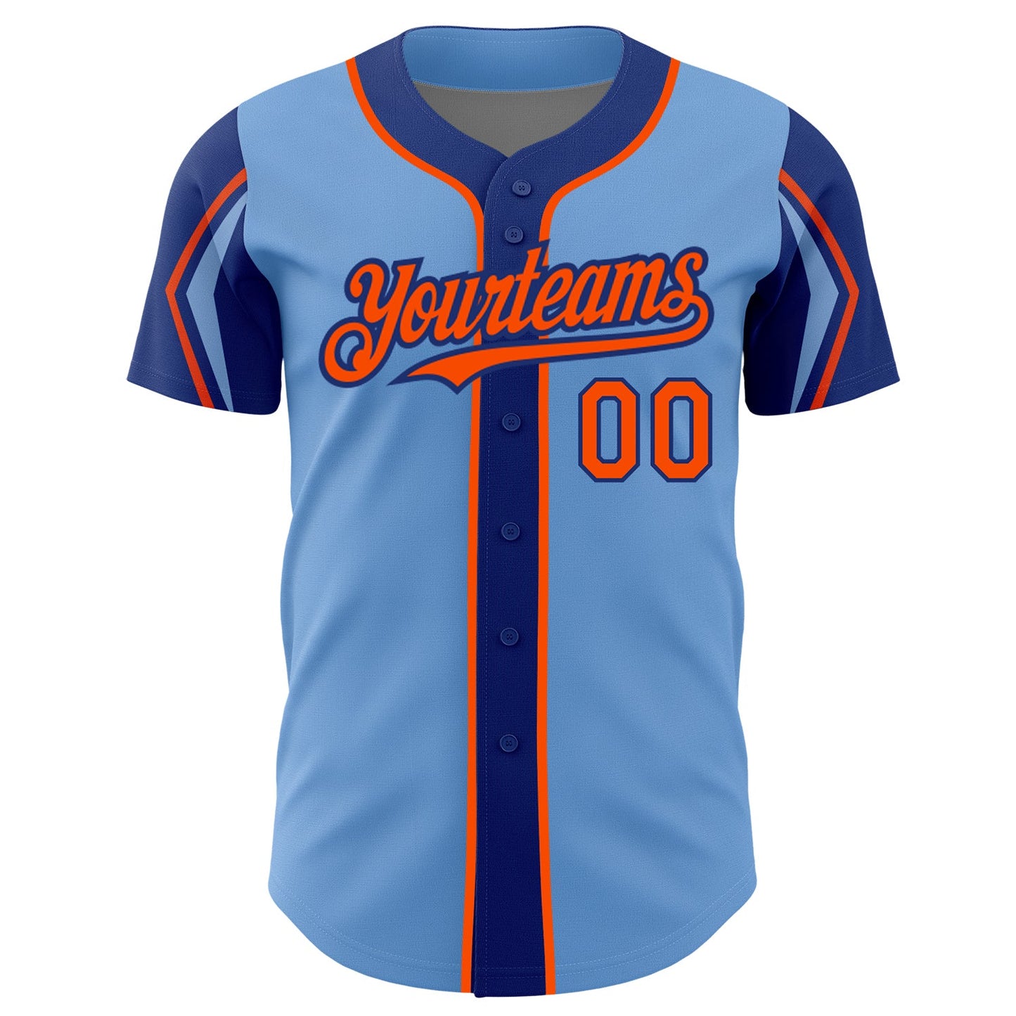 Custom Light Blue Orange-Royal 3 Colors Arm Shapes Authentic Baseball Jersey view 3