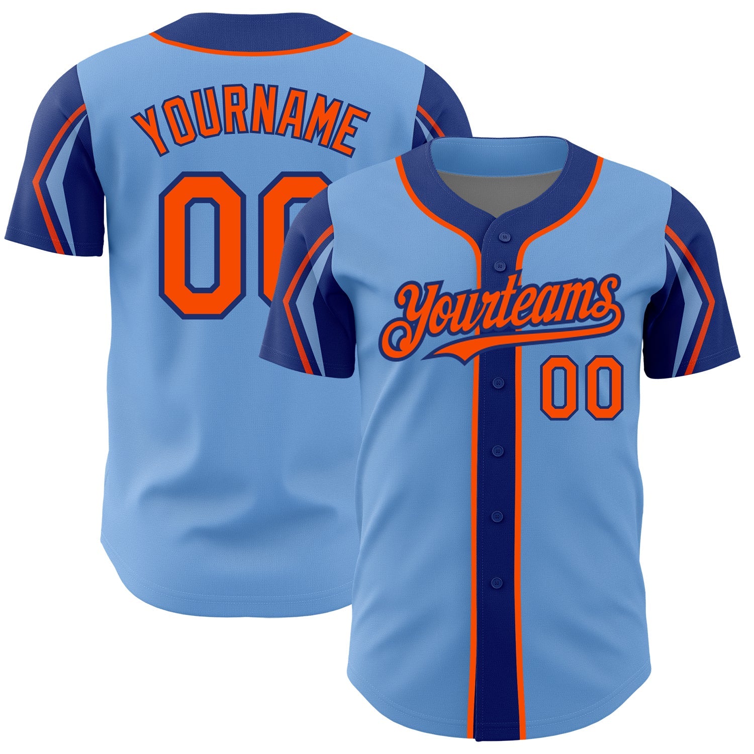 Custom Light Blue Orange-Royal 3 Colors Arm Shapes Authentic Baseball Jersey - Main View