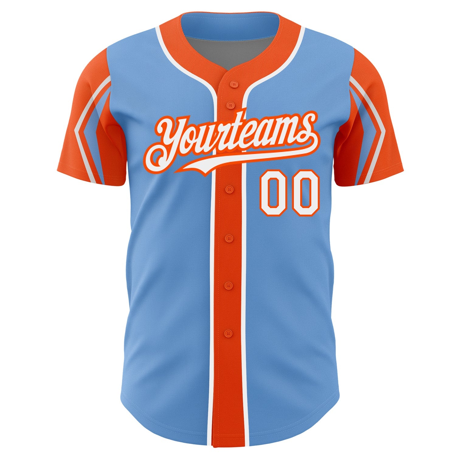 Custom Light Blue White-Orange 3 Colors Arm Shapes Authentic Baseball Jersey view 3