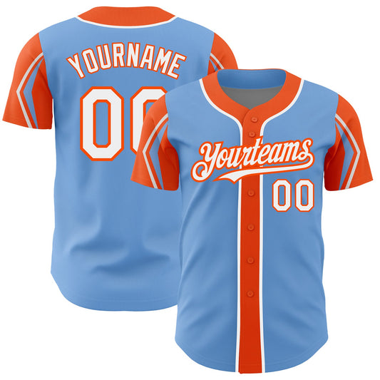 Custom Light Blue White-Orange 3 Colors Arm Shapes Authentic Baseball Jersey - Main View