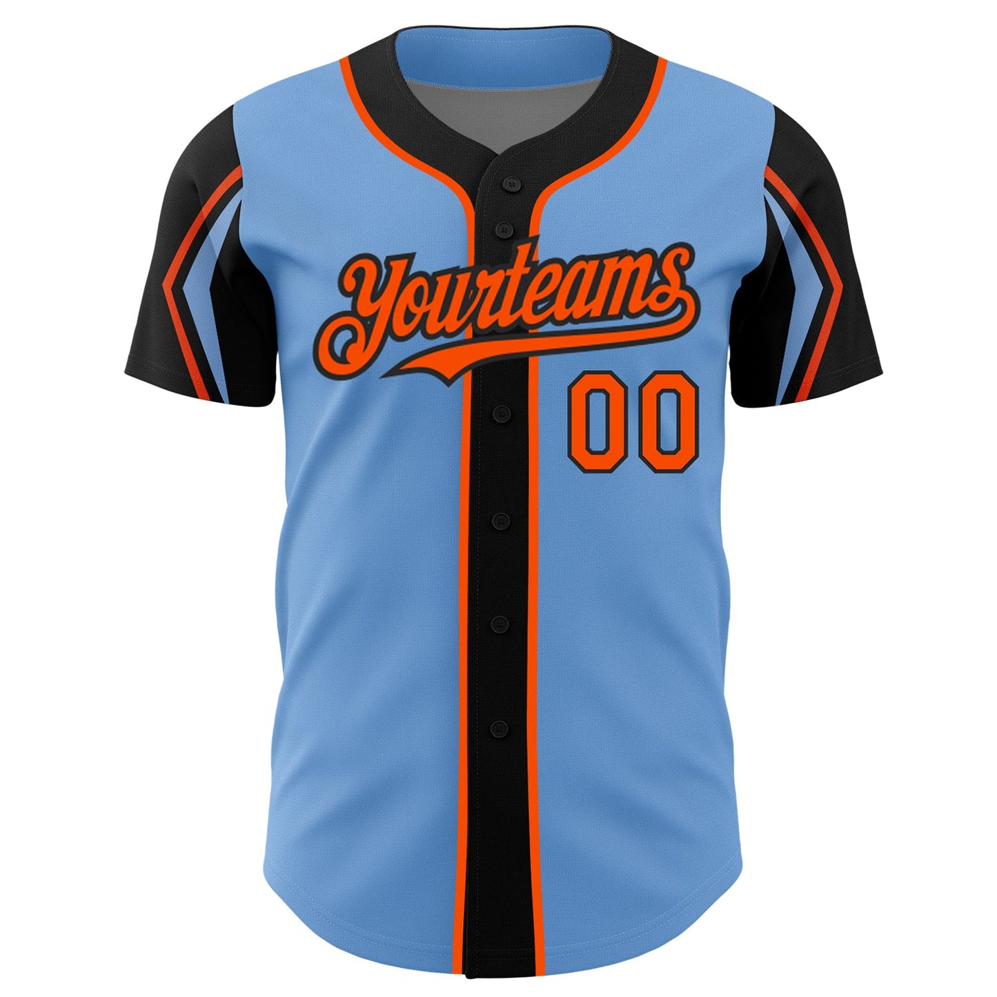 Custom Light Blue Orange-Black 3 Colors Arm Shapes Authentic Baseball Jersey view 3