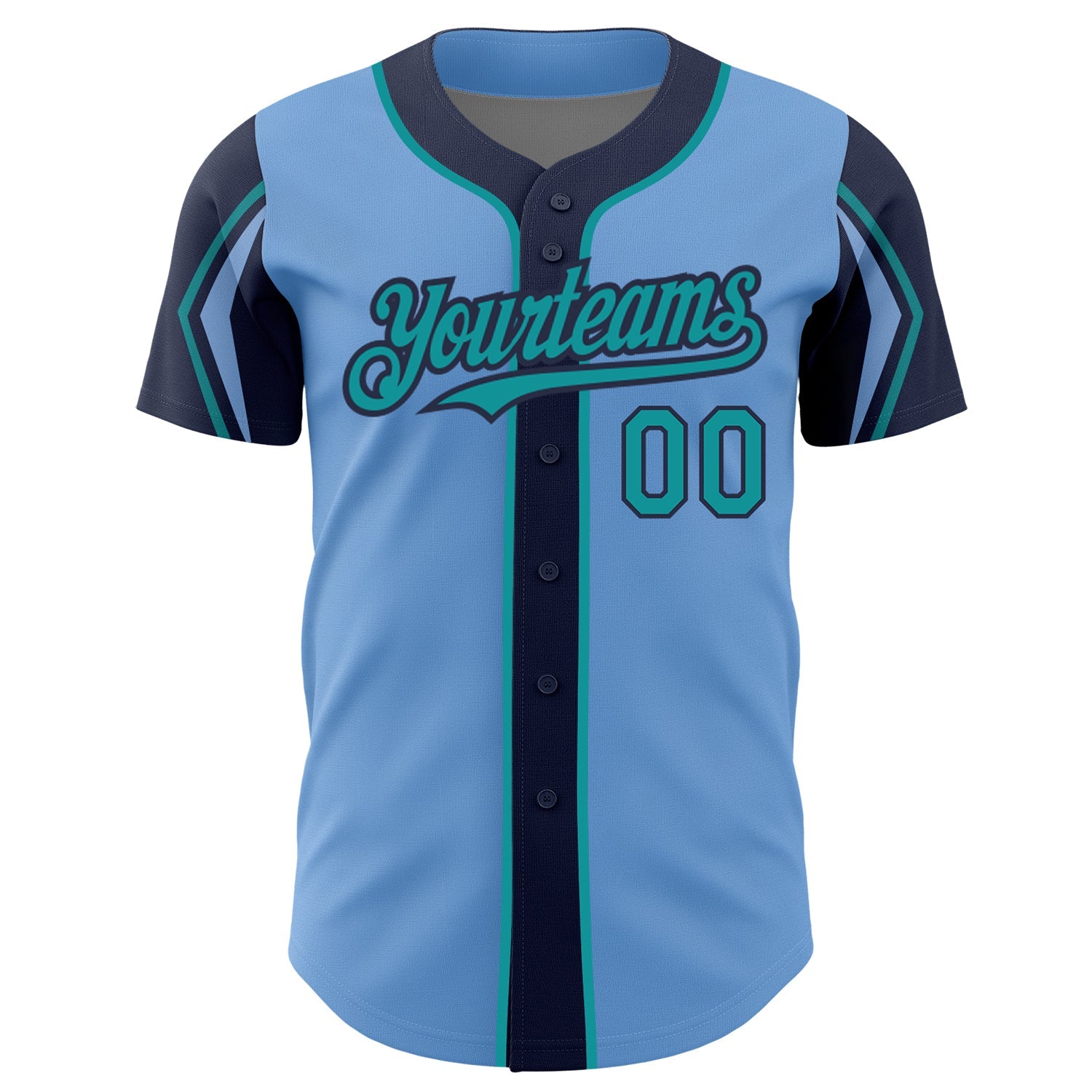 Custom Light Blue Teal-Navy 3 Colors Arm Shapes Authentic Baseball Jersey view 3