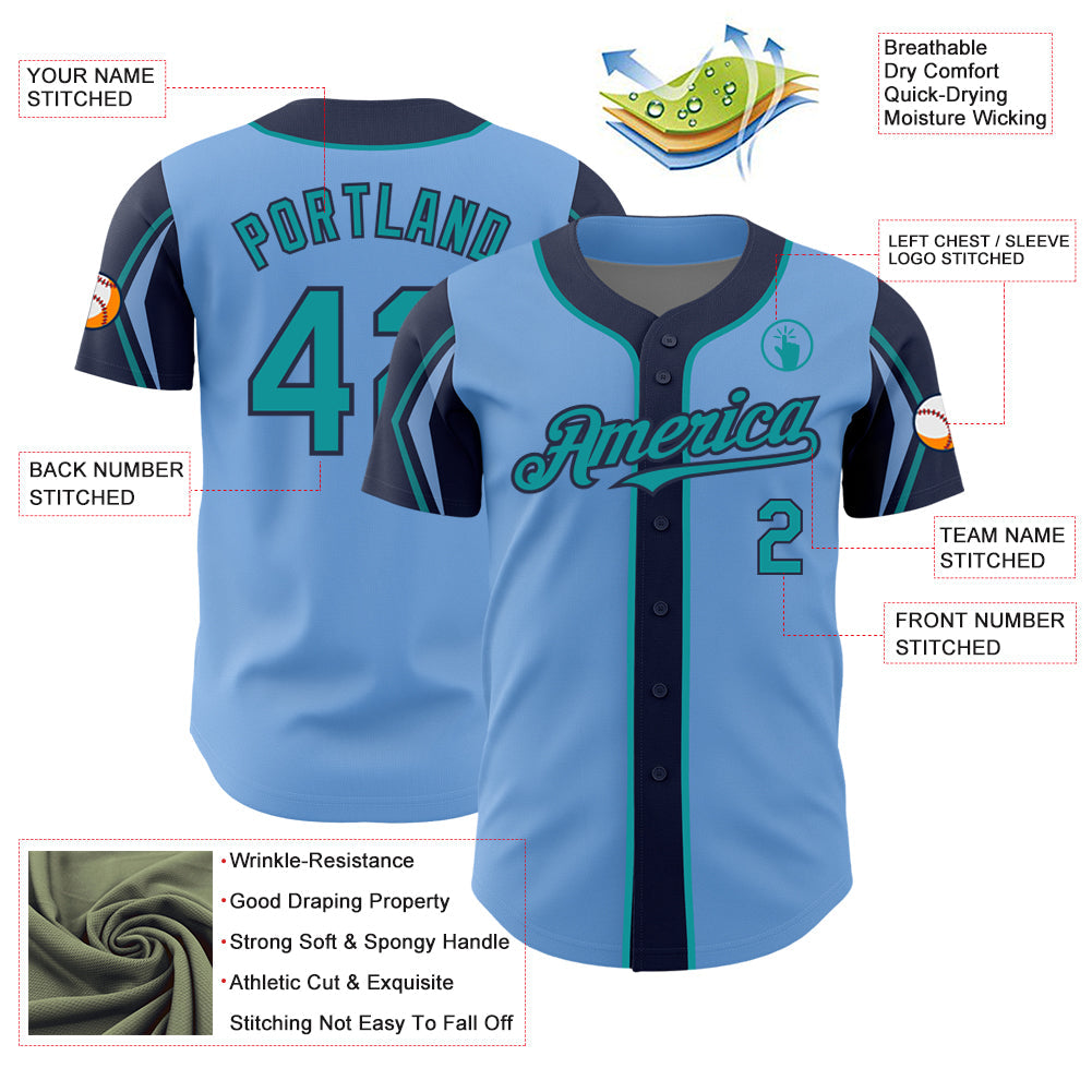Custom Light Blue Teal-Navy 3 Colors Arm Shapes Authentic Baseball Jersey view 4