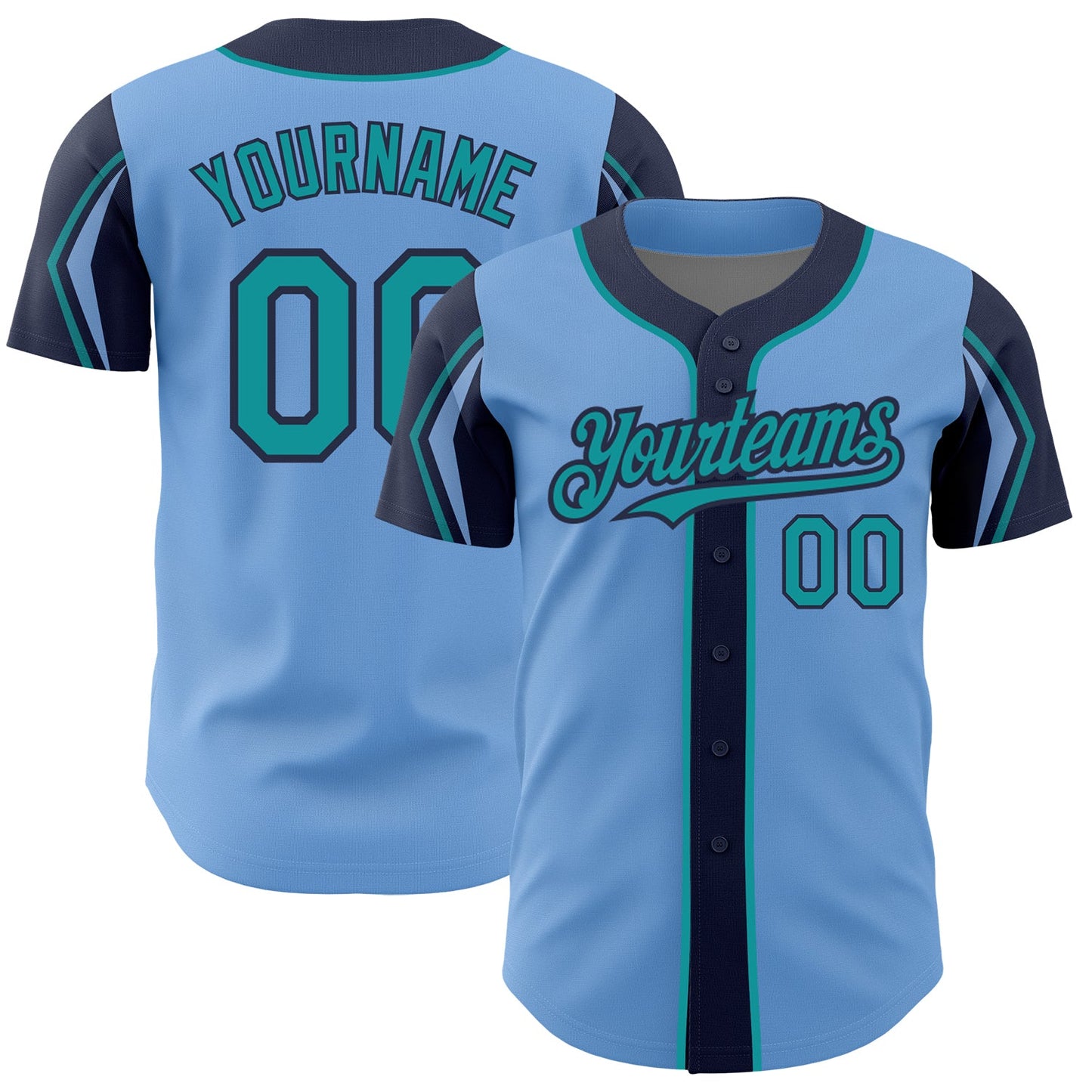 Custom Light Blue Teal-Navy 3 Colors Arm Shapes Authentic Baseball Jersey - Main View