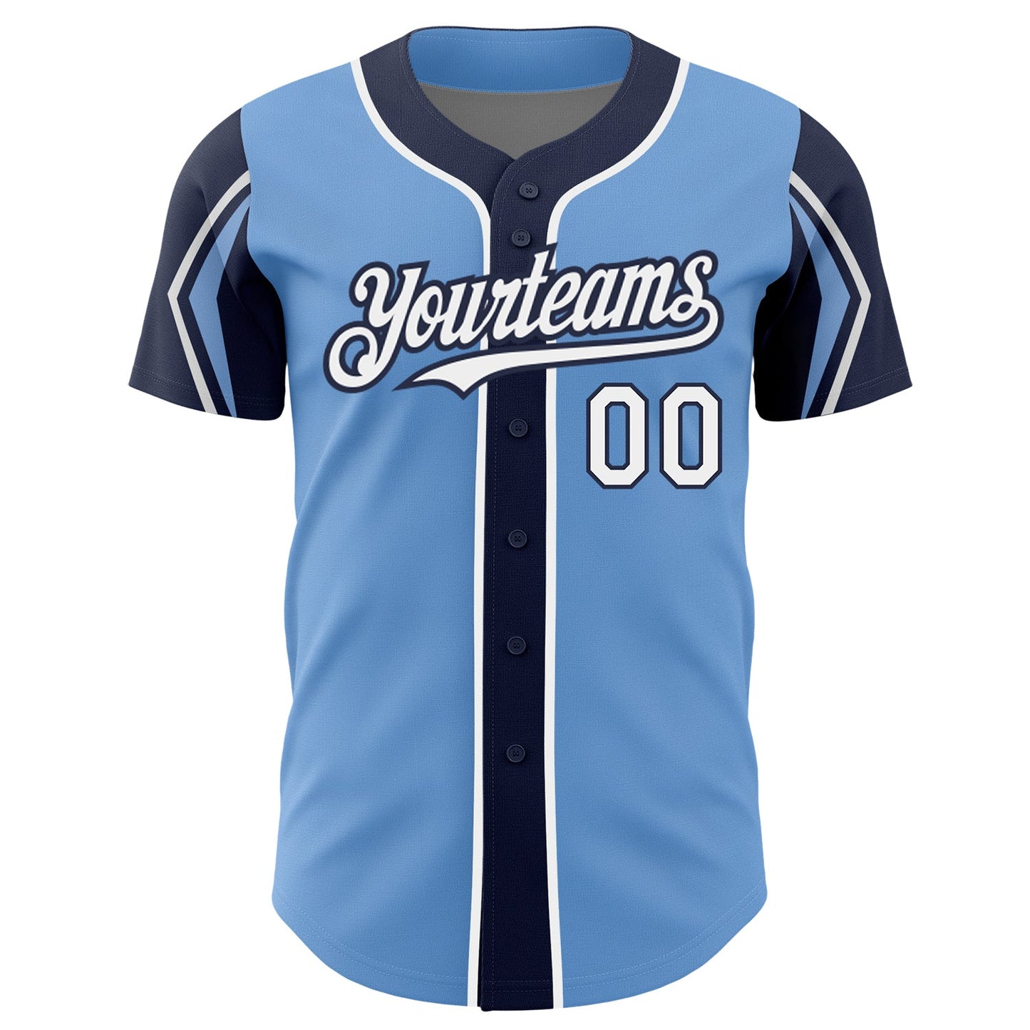 Custom Light Blue White-Navy 3 Colors Arm Shapes Authentic Baseball Jersey view 3