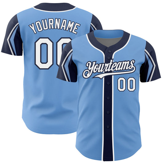 Custom Light Blue White-Navy 3 Colors Arm Shapes Authentic Baseball Jersey - Main View