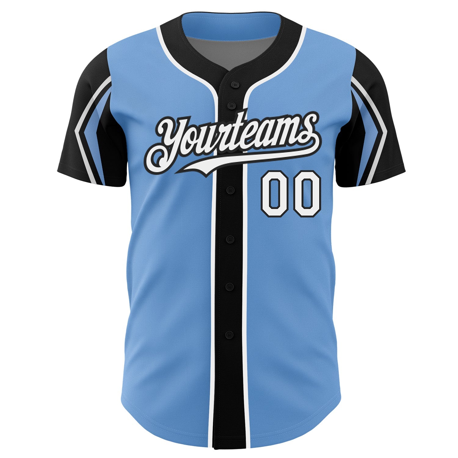 Custom Light Blue White-Black 3 Colors Arm Shapes Authentic Baseball Jersey view 3