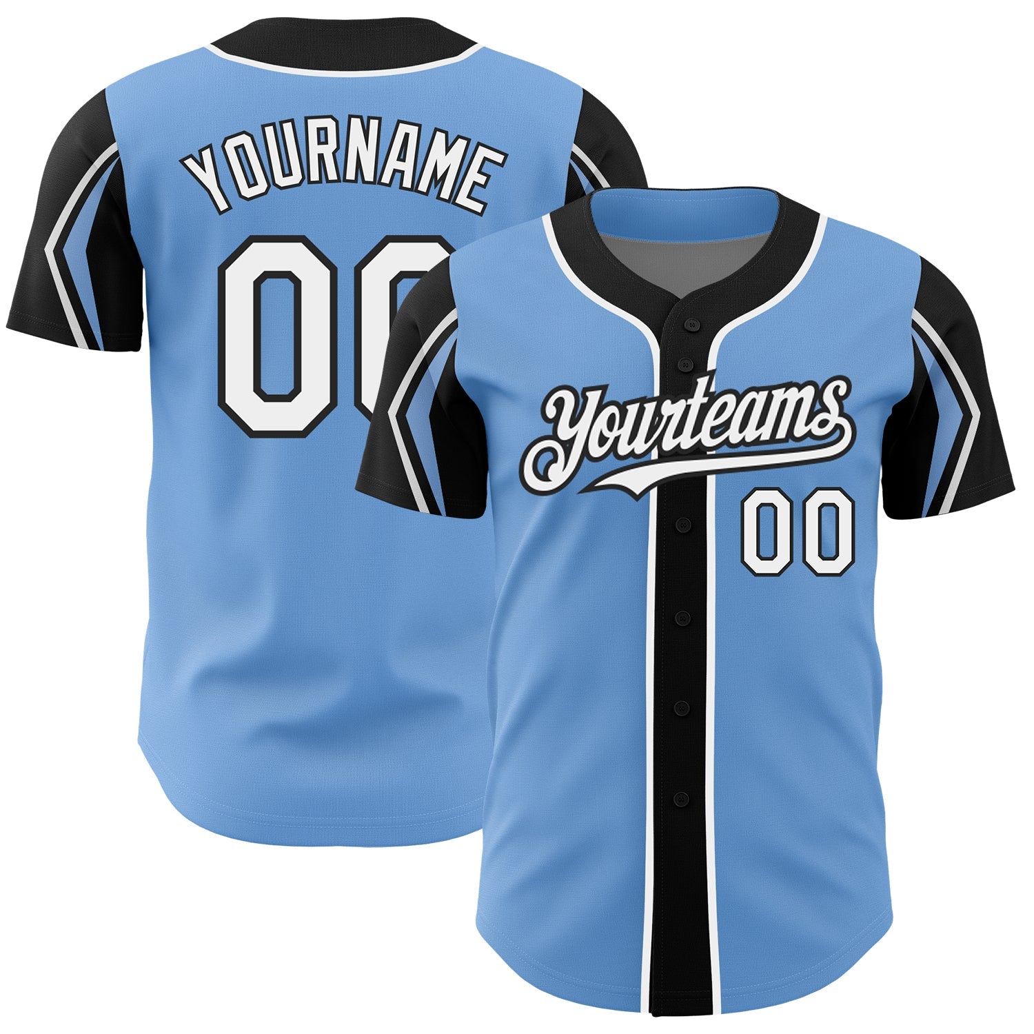 Custom Light Blue White-Black 3 Colors Arm Shapes Authentic Baseball Jersey - Main View