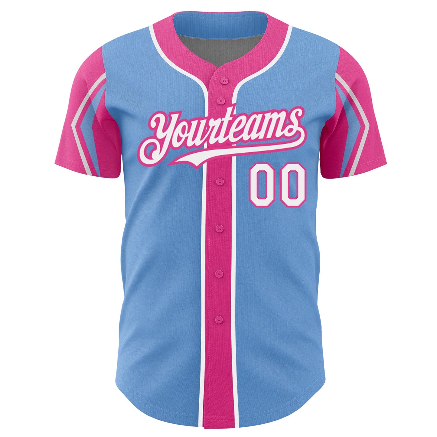 Custom Light Blue White-Pink 3 Colors Arm Shapes Authentic Baseball Jersey view 3
