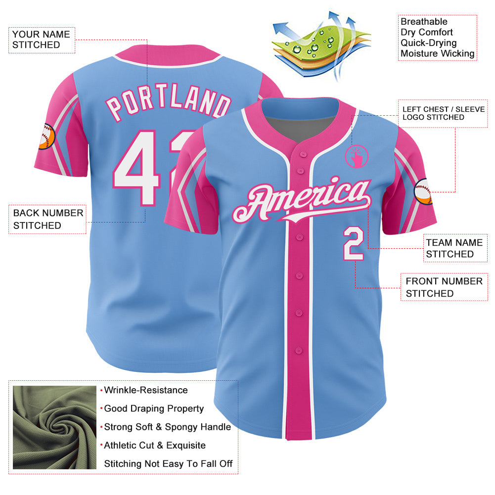 Custom Light Blue White-Pink 3 Colors Arm Shapes Authentic Baseball Jersey view 4