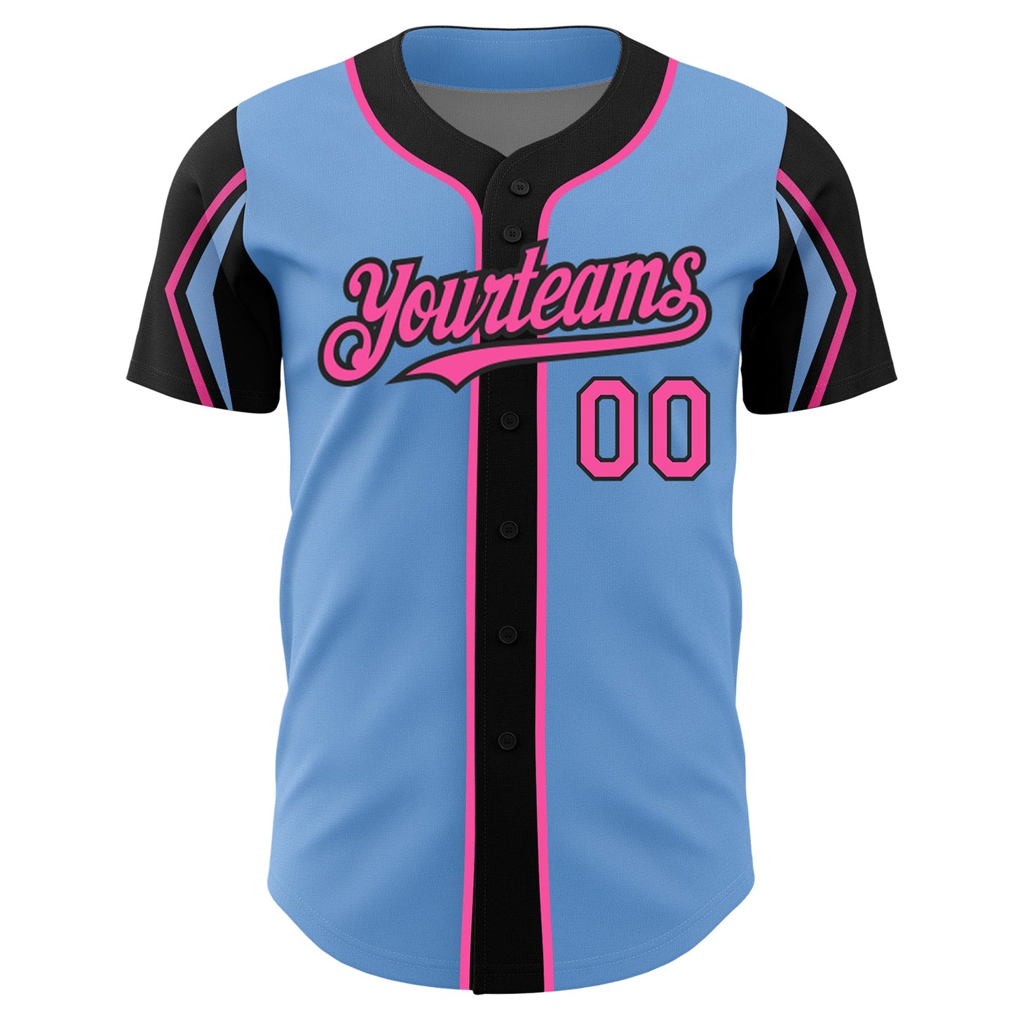 Custom Light Blue Pink-Black 3 Colors Arm Shapes Authentic Baseball Jersey view 3