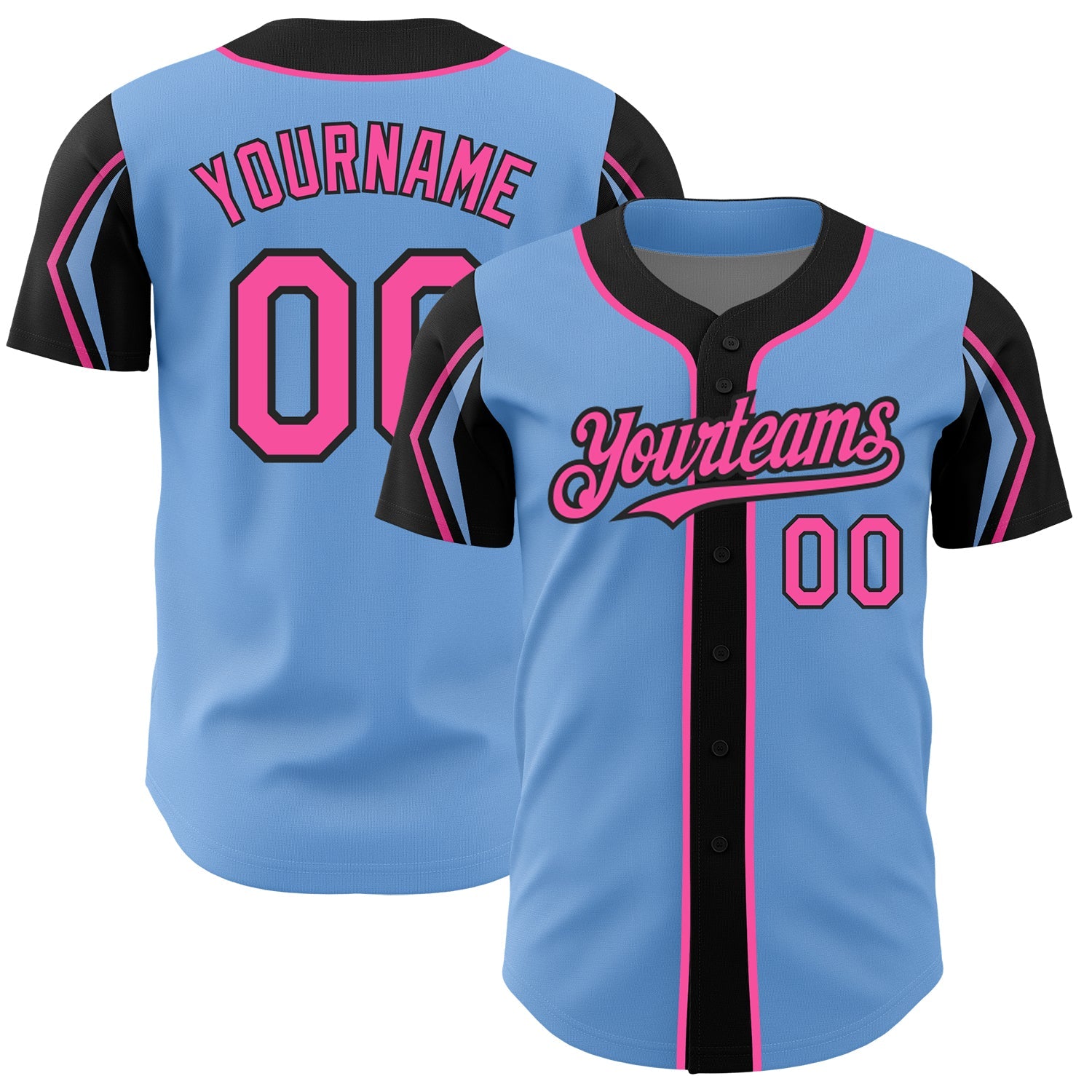 Custom Light Blue Pink-Black 3 Colors Arm Shapes Authentic Baseball Jersey - Main View