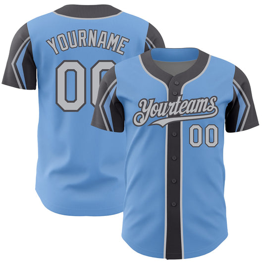 Custom Light Blue Gray-Steel Gray 3 Colors Arm Shapes Authentic Baseball Jersey - Main View