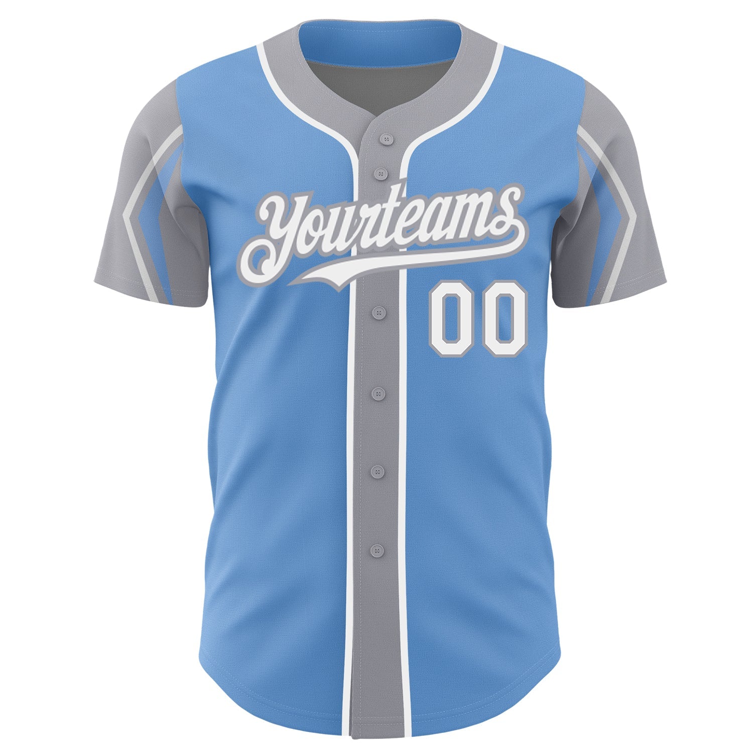 Custom Light Blue White-Gray 3 Colors Arm Shapes Authentic Baseball Jersey view 3