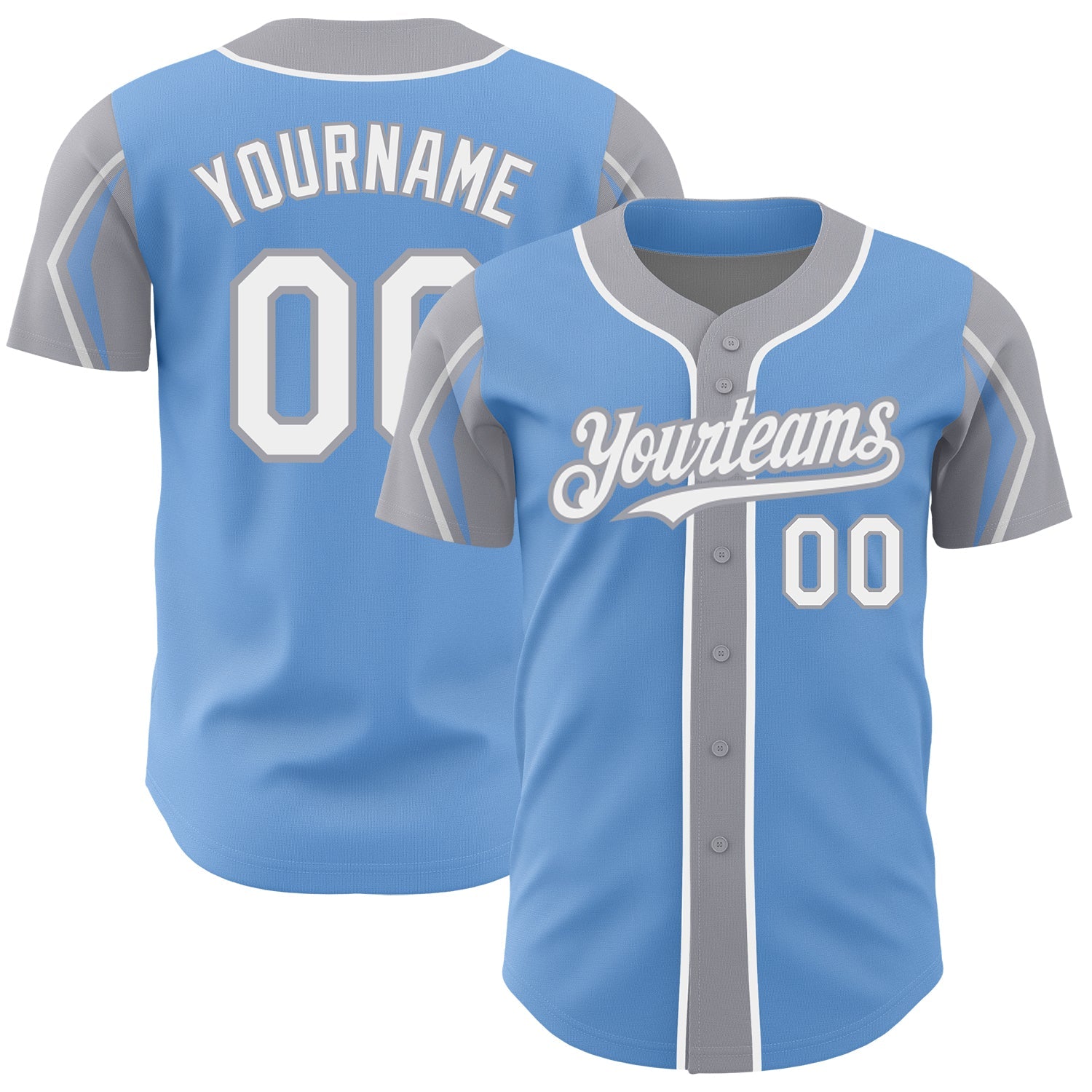 Custom Light Blue White-Gray 3 Colors Arm Shapes Authentic Baseball Jersey - Main View