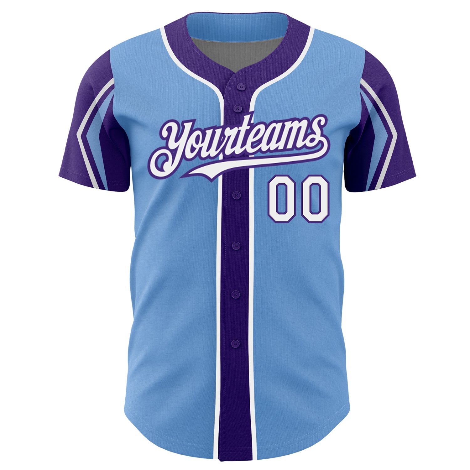 Custom Light Blue White-Purple 3 Colors Arm Shapes Authentic Baseball Jersey view 3