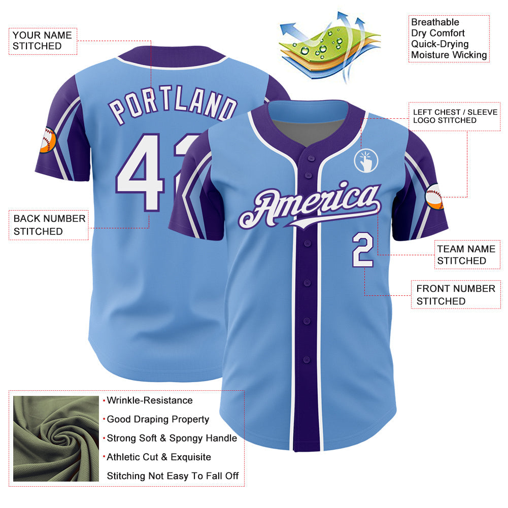 Custom Light Blue White-Purple 3 Colors Arm Shapes Authentic Baseball Jersey view 4