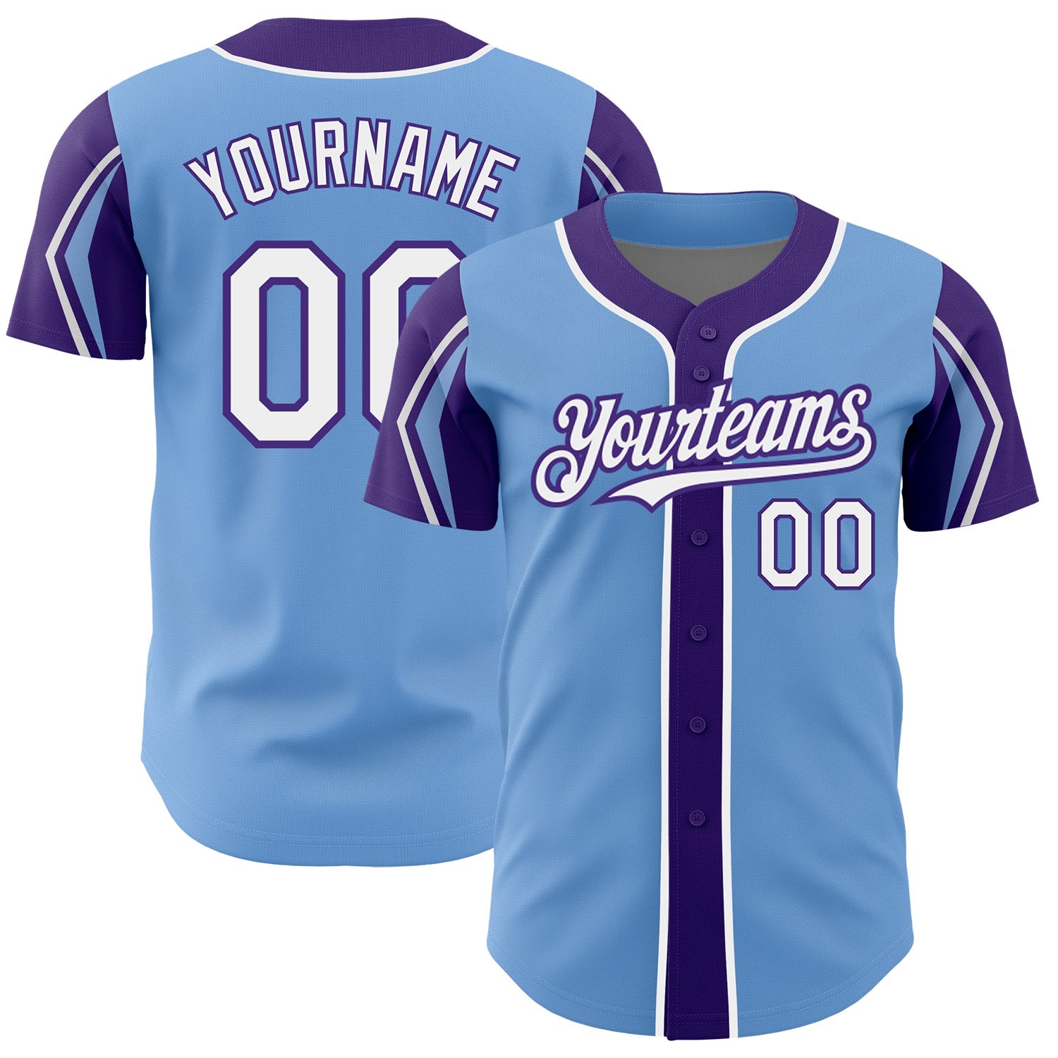 Custom Light Blue White-Purple 3 Colors Arm Shapes Authentic Baseball Jersey - Main View