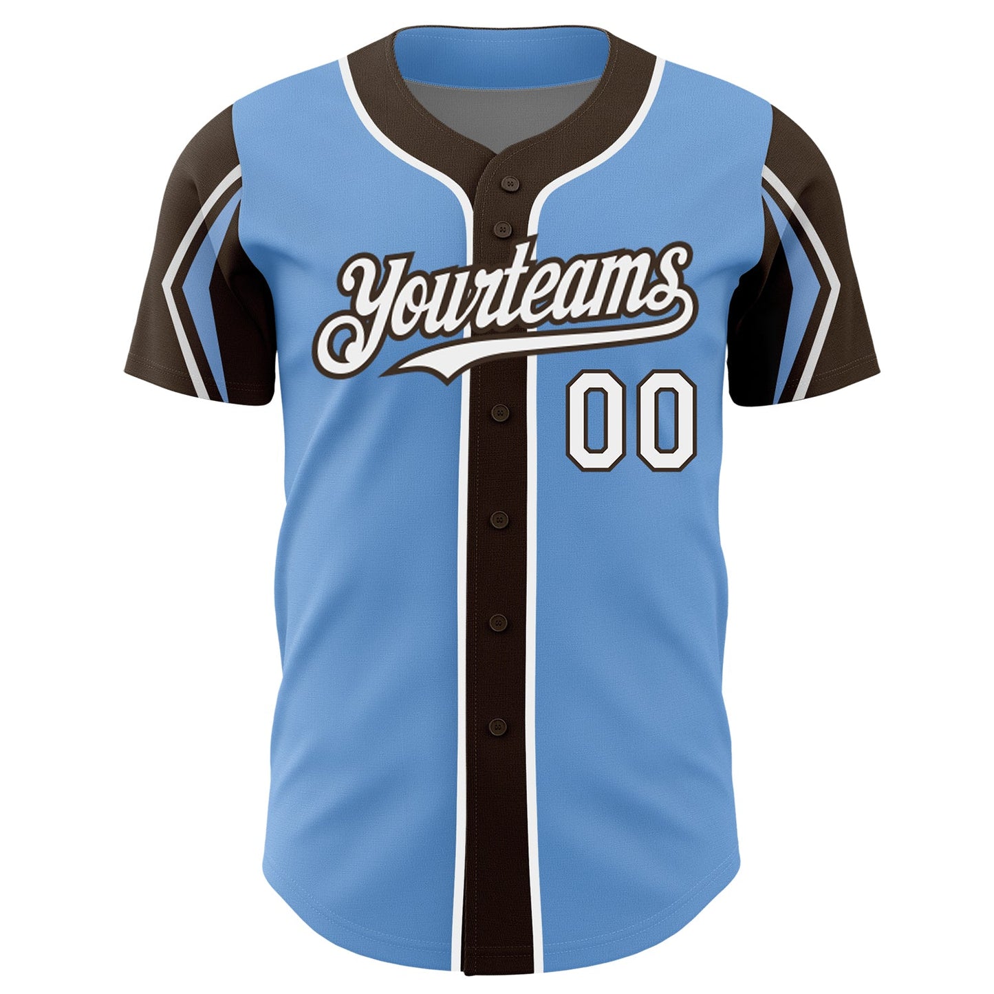 Custom Light Blue White-Brown 3 Colors Arm Shapes Authentic Baseball Jersey view 3