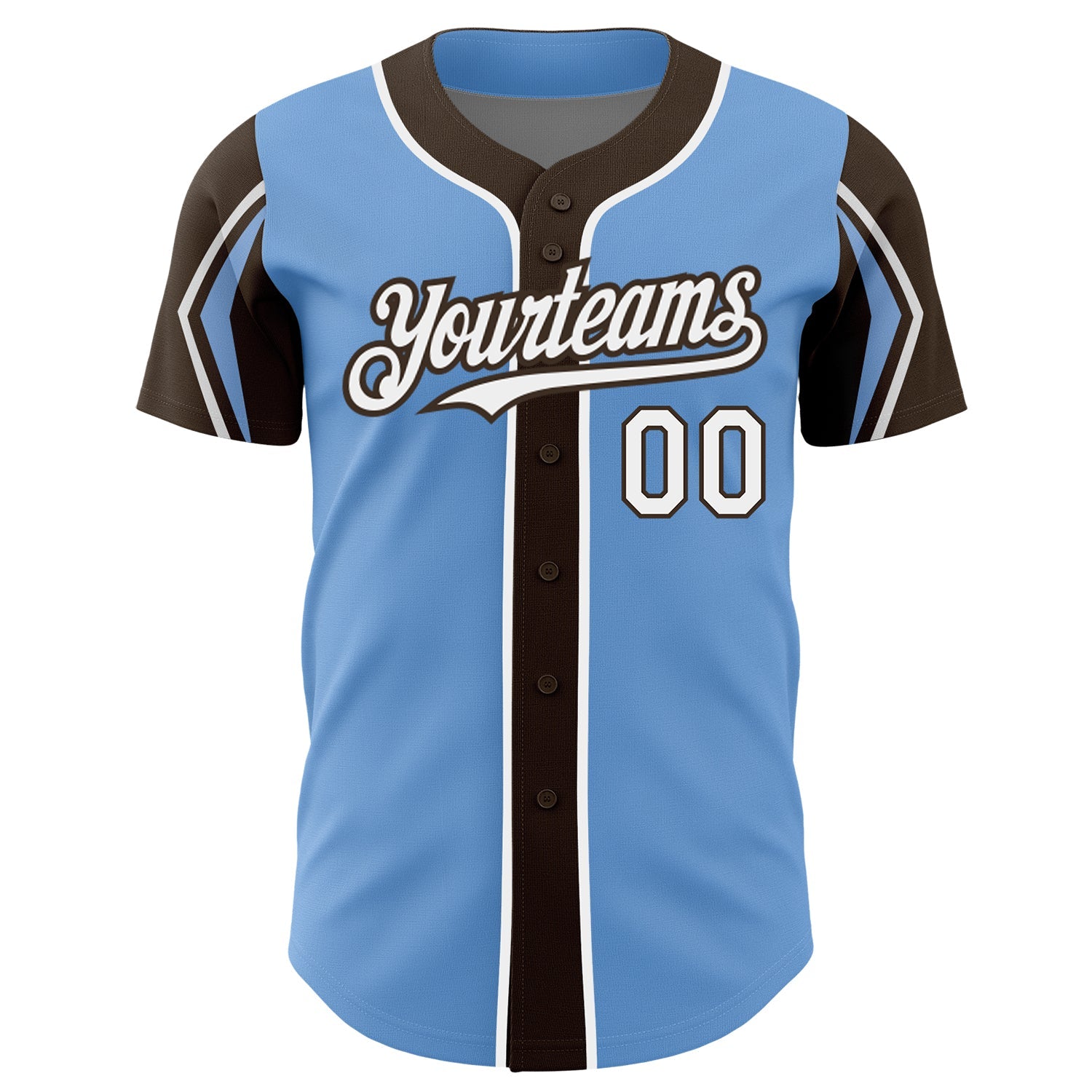 Custom Light Blue White-Brown 3 Colors Arm Shapes Authentic Baseball Jersey view 3