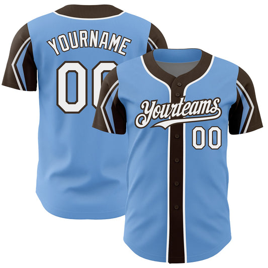 Custom Light Blue White-Brown 3 Colors Arm Shapes Authentic Baseball Jersey - Main View