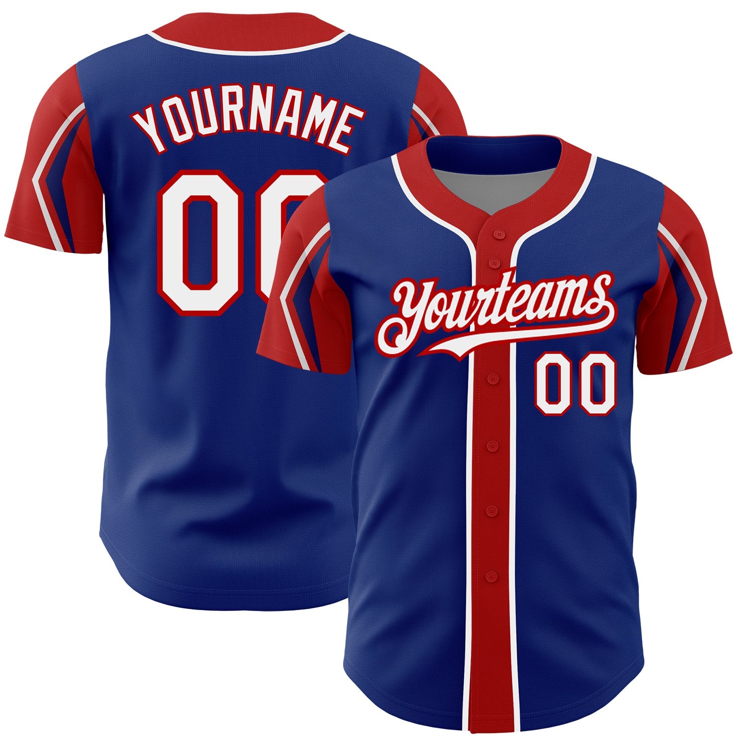 Custom Royal White-Red 3 Colors Arm Shapes Authentic Baseball Jersey - Main View