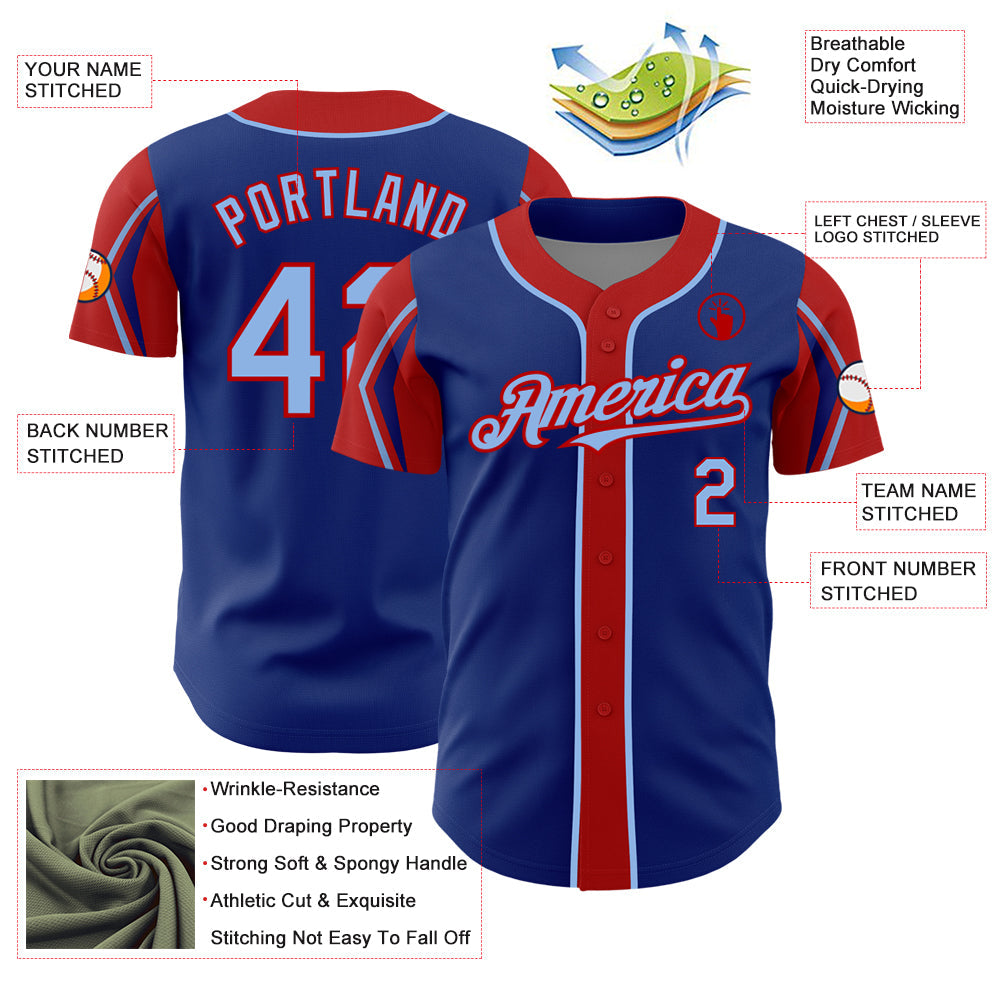 Custom Royal Light Blue-Red 3 Colors Arm Shapes Authentic Baseball Jersey view 4