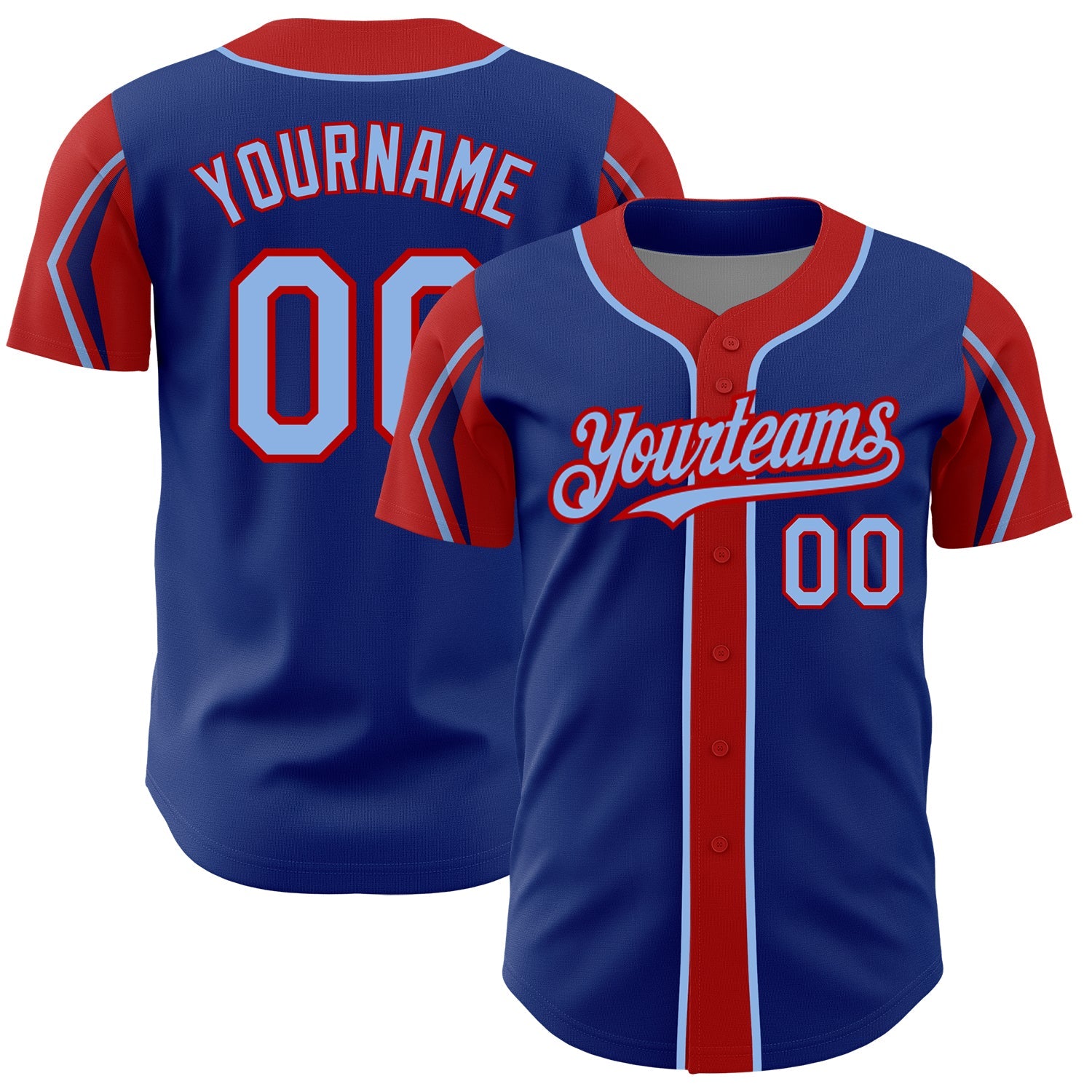 Custom Royal Light Blue-Red 3 Colors Arm Shapes Authentic Baseball Jersey - Main View