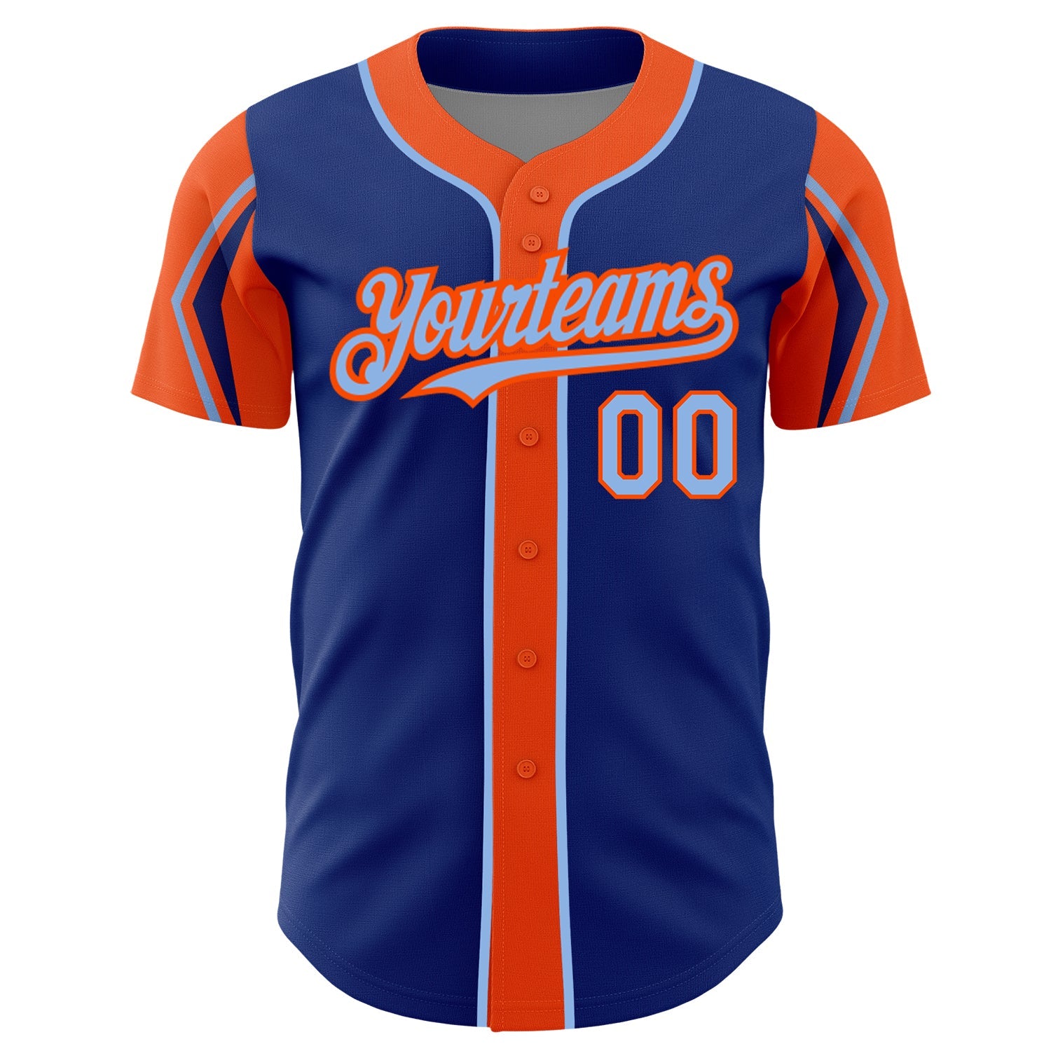 Custom Royal Light Blue-Orange 3 Colors Arm Shapes Authentic Baseball Jersey view 3