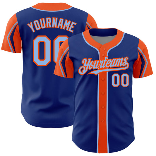 Custom Royal Light Blue-Orange 3 Colors Arm Shapes Authentic Baseball Jersey - Main View