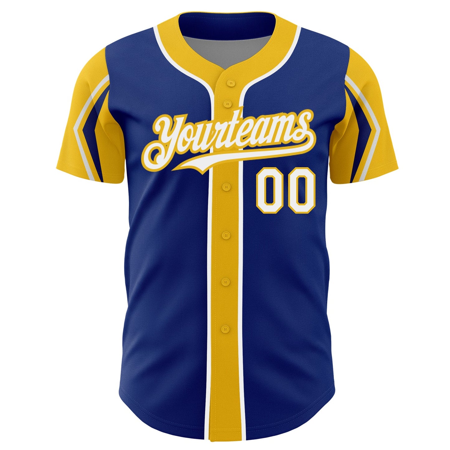 Custom Royal White-Yellow 3 Colors Arm Shapes Authentic Baseball Jersey view 3
