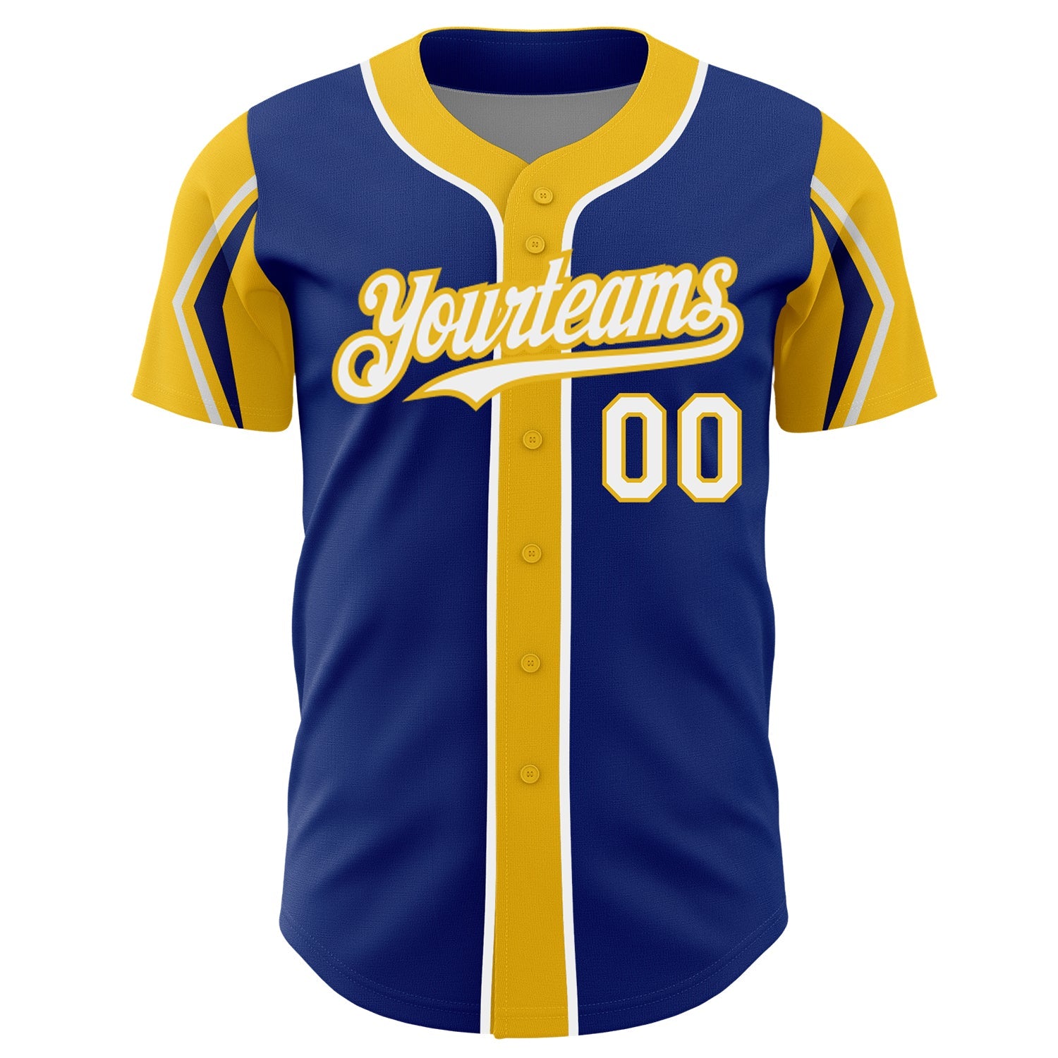 Custom Royal White-Yellow 3 Colors Arm Shapes Authentic Baseball Jersey view 3