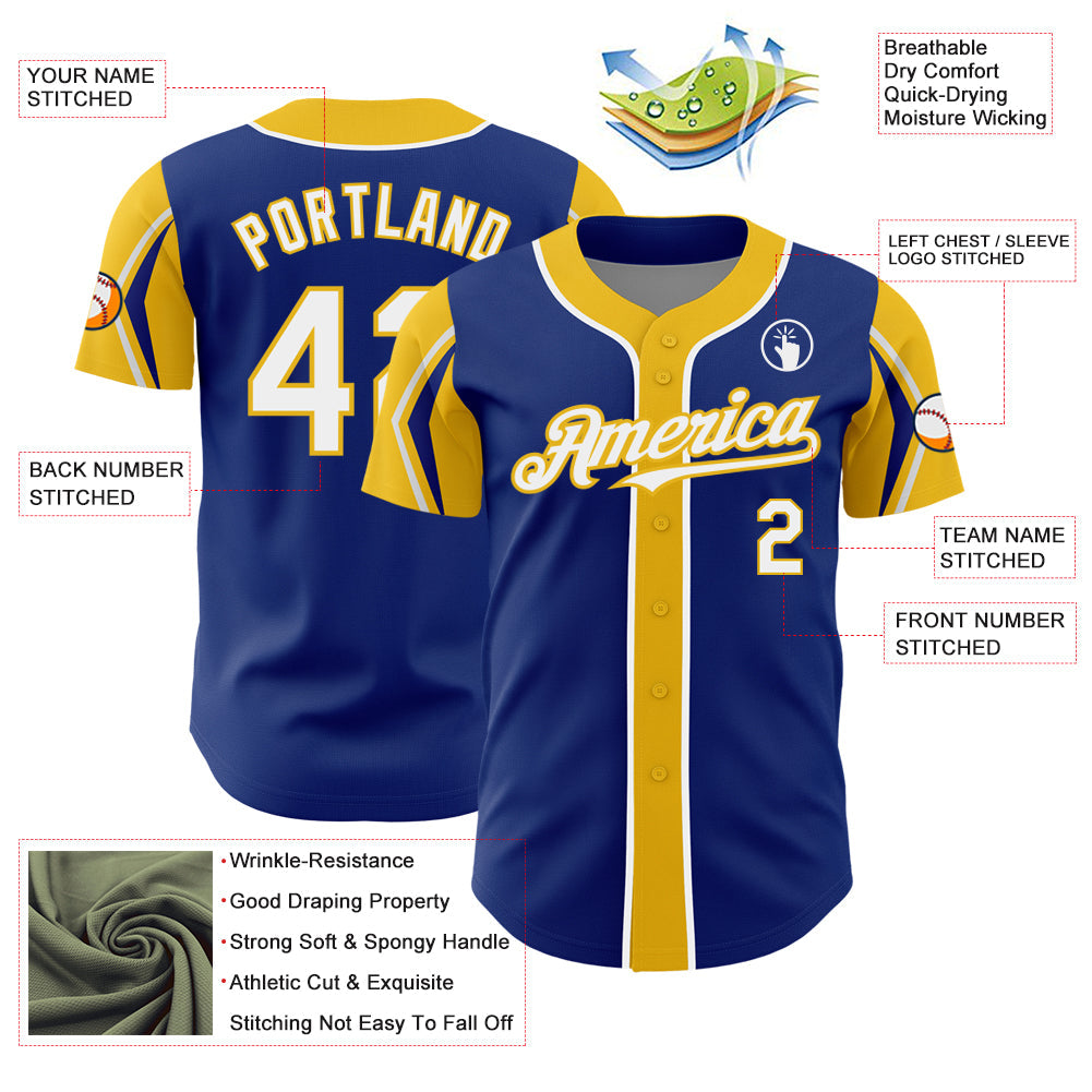 Custom Royal White-Yellow 3 Colors Arm Shapes Authentic Baseball Jersey view 4